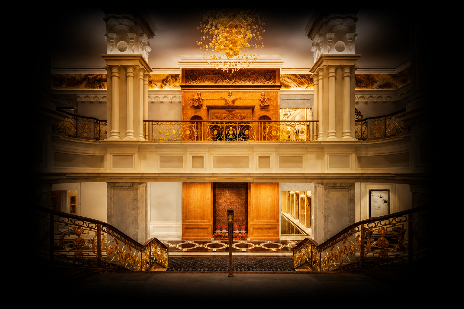 Intérieur luxueux avec escalier en fer forgé doré, colonnes, mur en marbre, plafond orné, chandelier suspendu, décorations en or, plafond avec détails architecturaux élégants.