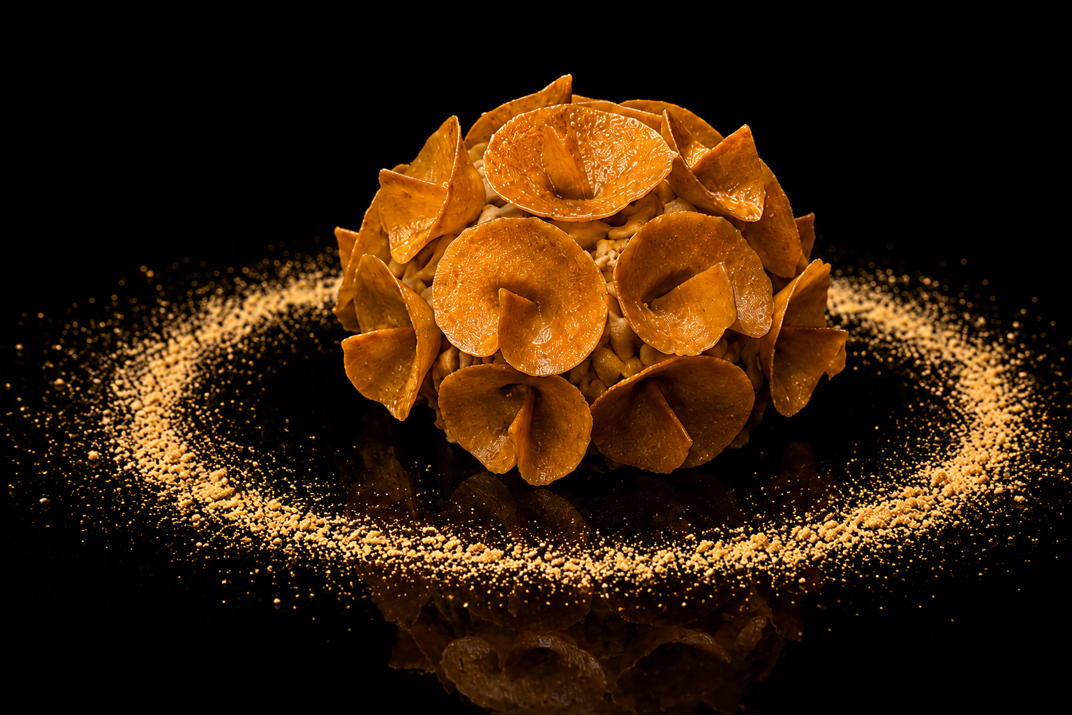 Une sculpture en forme de sphère faite de pétales d'oranges séchées, entourée d'un cercle de poudre dorée sur un fond noir.
