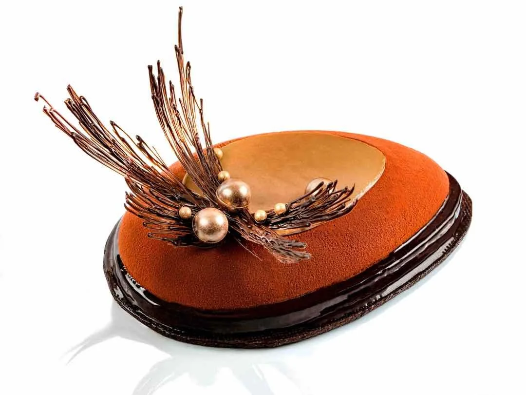 Gâteau de forme ovale, décoré avec des éléments en chocolat ressemblant à des plumes et des boules dorées, avec un fini brillant.