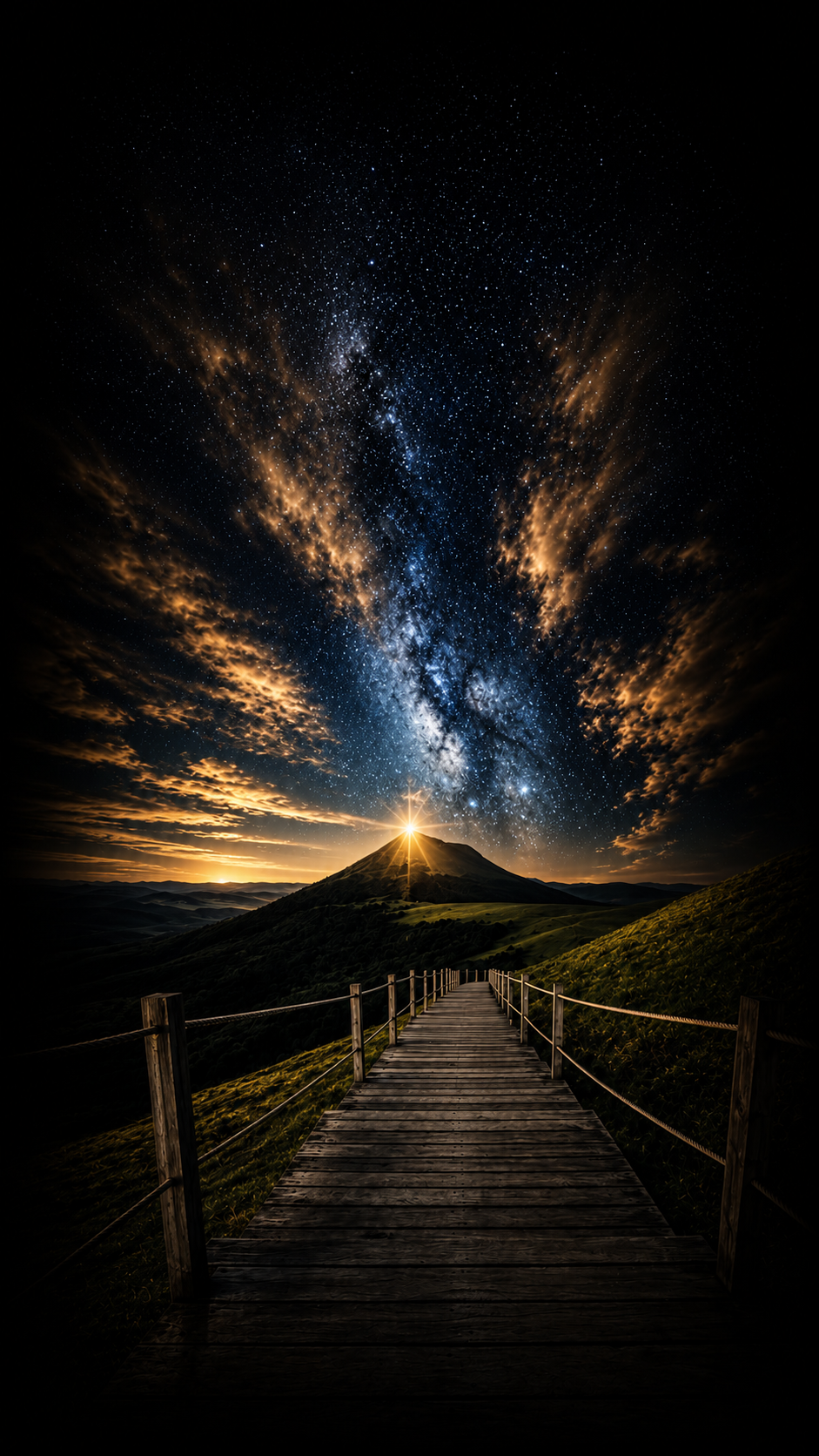 Une passerelle en bois menant vers une montagne avec une lumière brillante au sommet, ciel nocturne rempli d'étoiles et de la Voie lactée avec des nuages orange photogéniques.