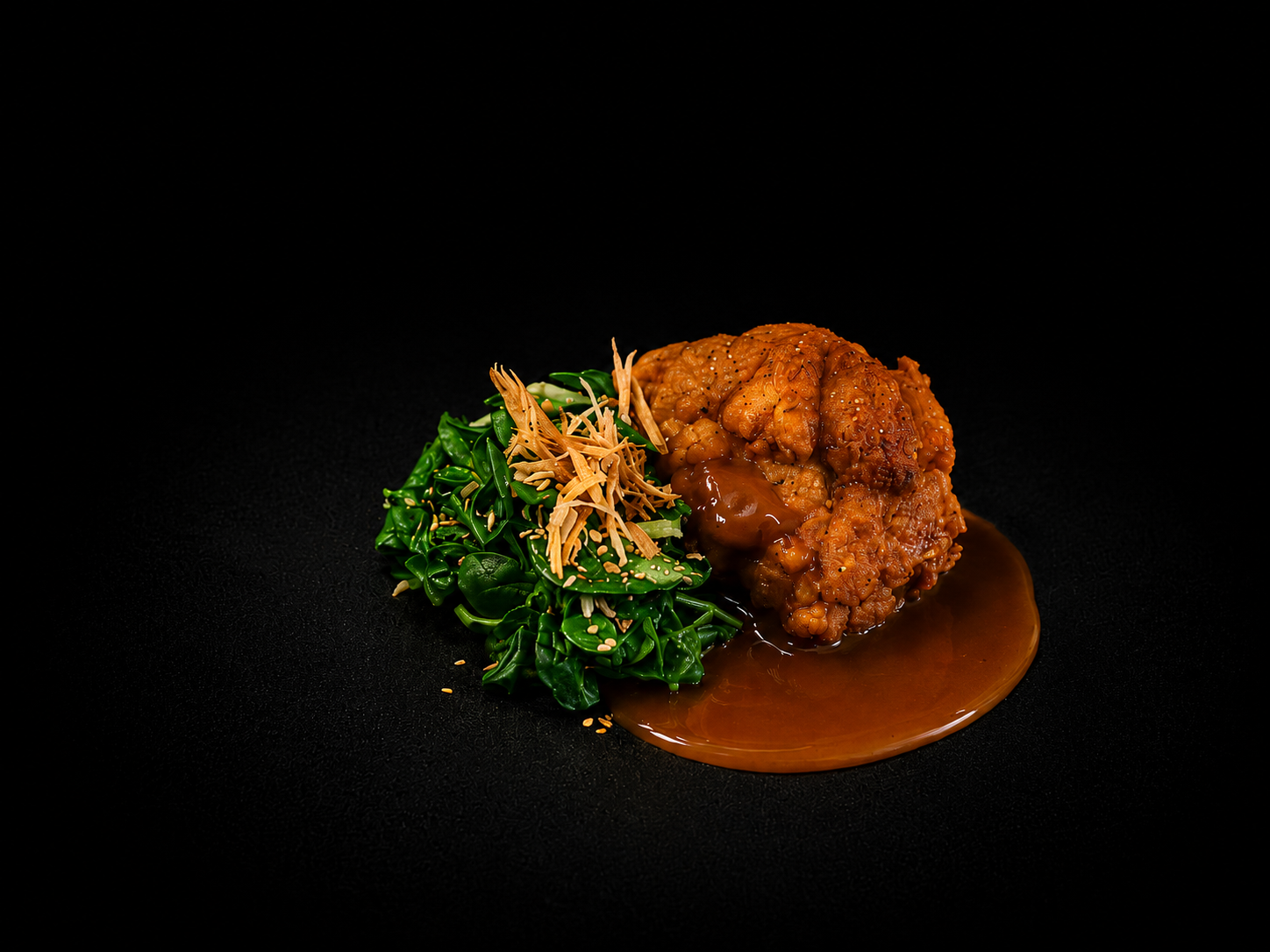 Plat de cuisine asiatique avec un morceau de viande en sauce, un accompagnement de légumes verts et des garnitures croquantes, présenté sur fond noir.