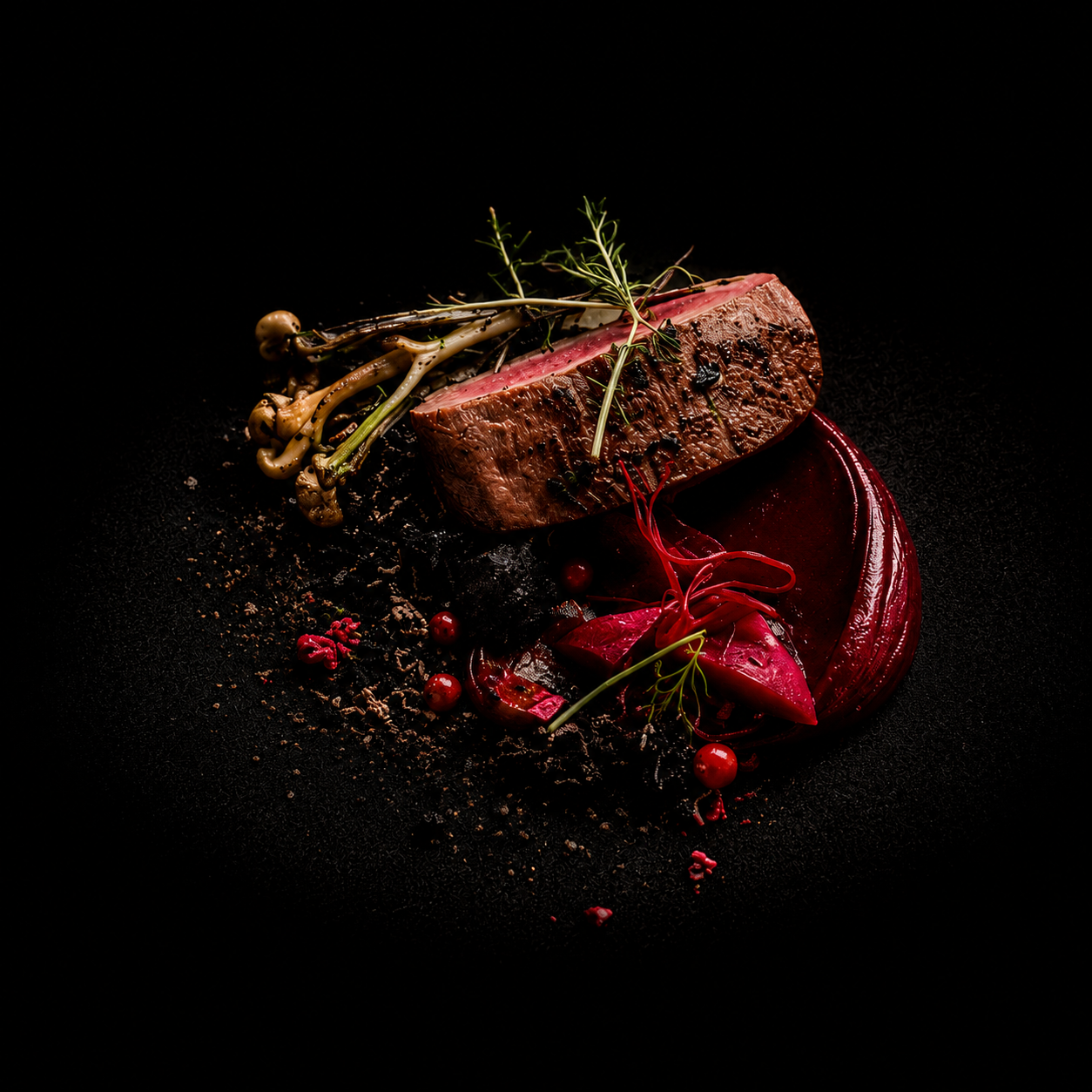 Un steak de bœuf cru, accompagné de champignons, de pousses de jeunes oignons, de sauce rouge et de feuilles de thym, sur fond noir.