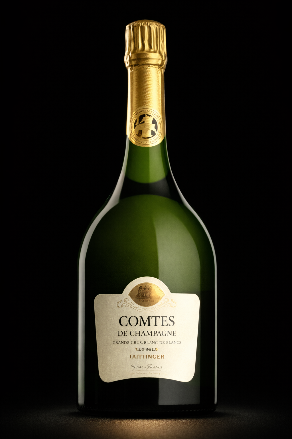 Bouteille de champagne verte avec une étiquette blanche, texte en français, et un bouchon en or, sur un fond noir.