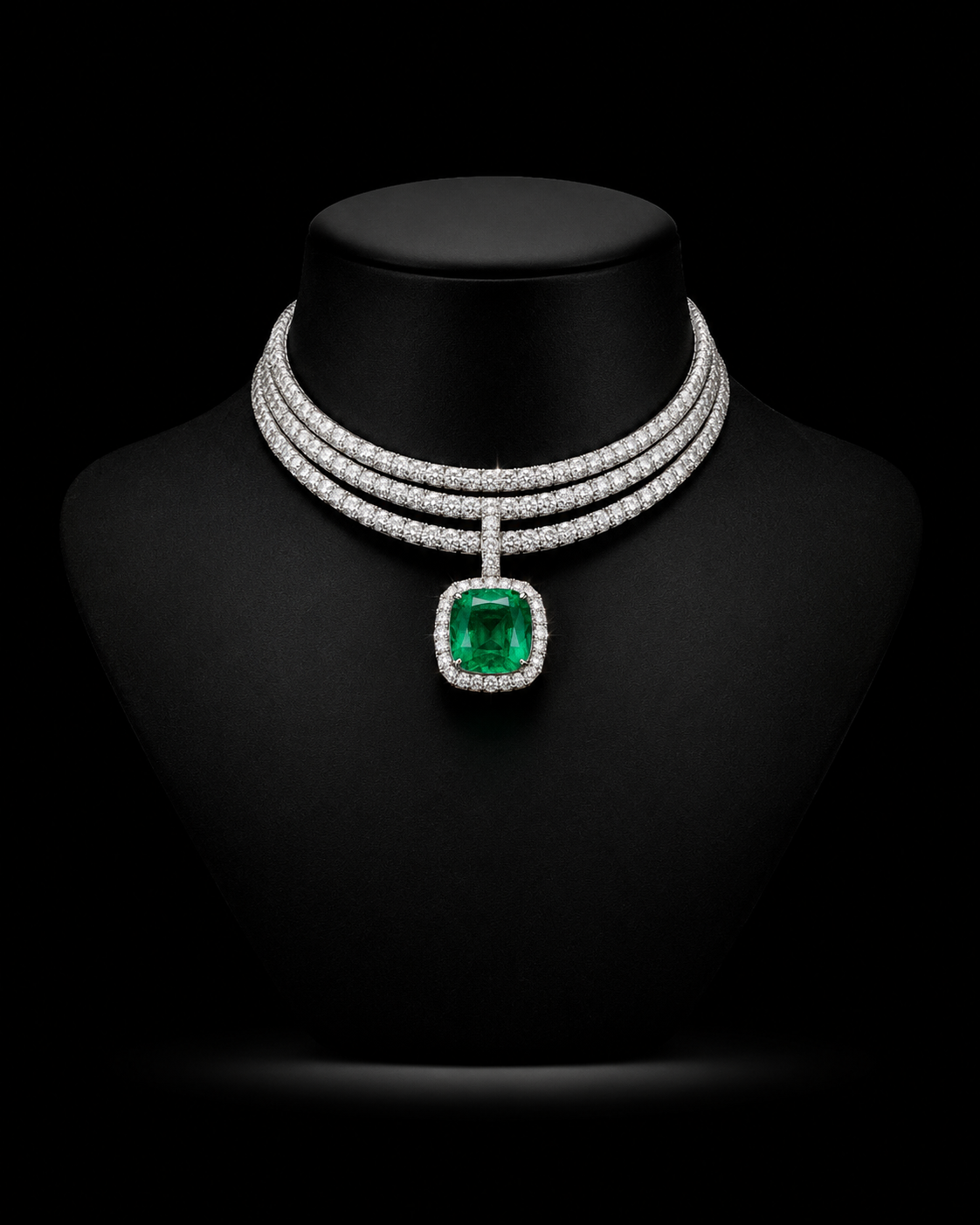 collier en diamants avec un pendentif orné d'une grande pierre verte
