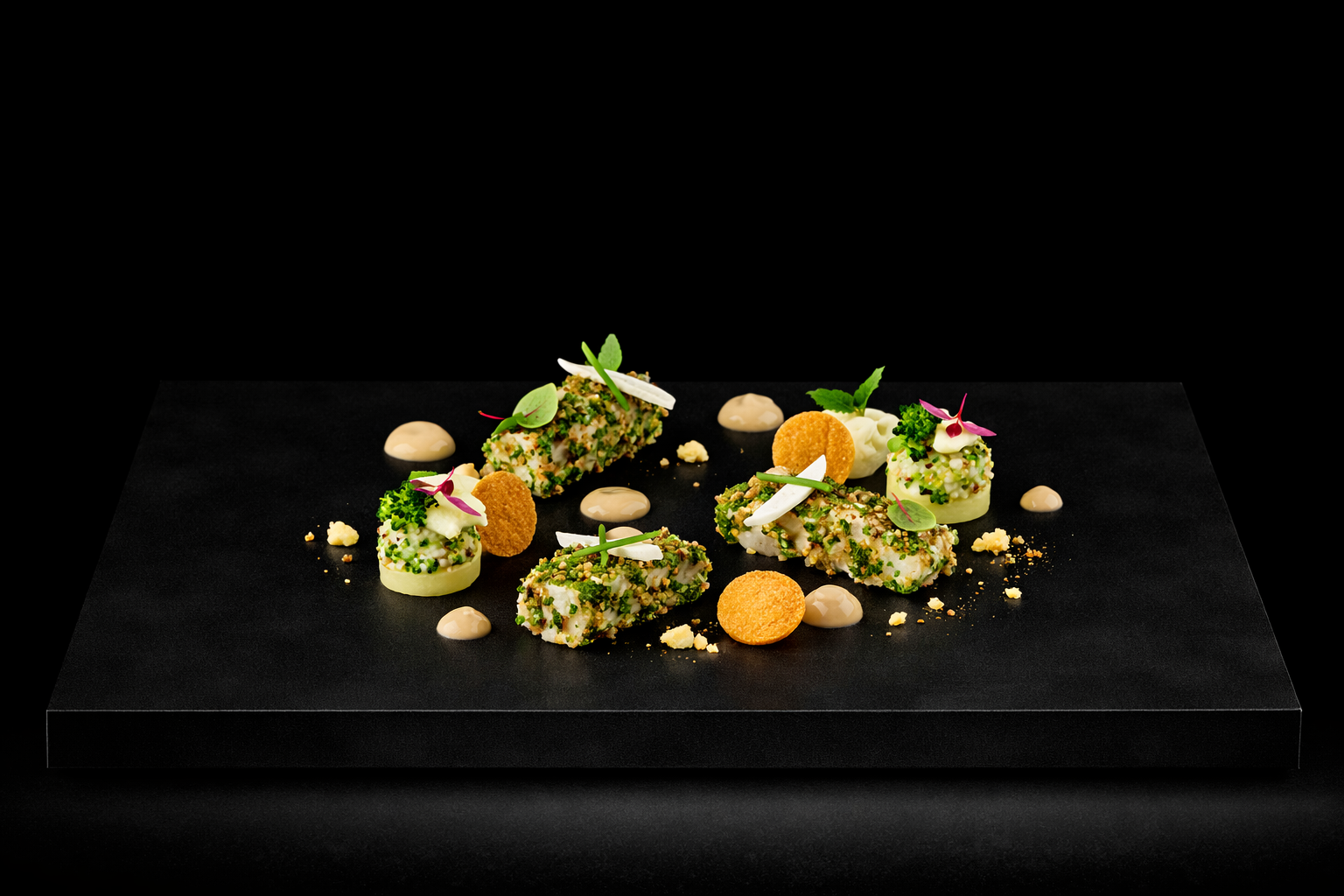 Assiette de plats gastronomiques avec morcaux de poisson, légumes, et décorations végétales sur fond noir.