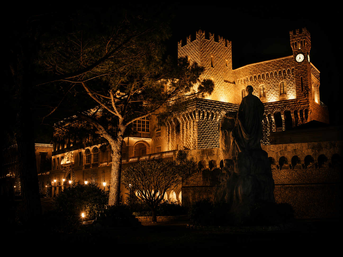Château illuminé la nuit avec un clocher, statue sombre au premier plan, arbres et lampadaires dans l'ombre