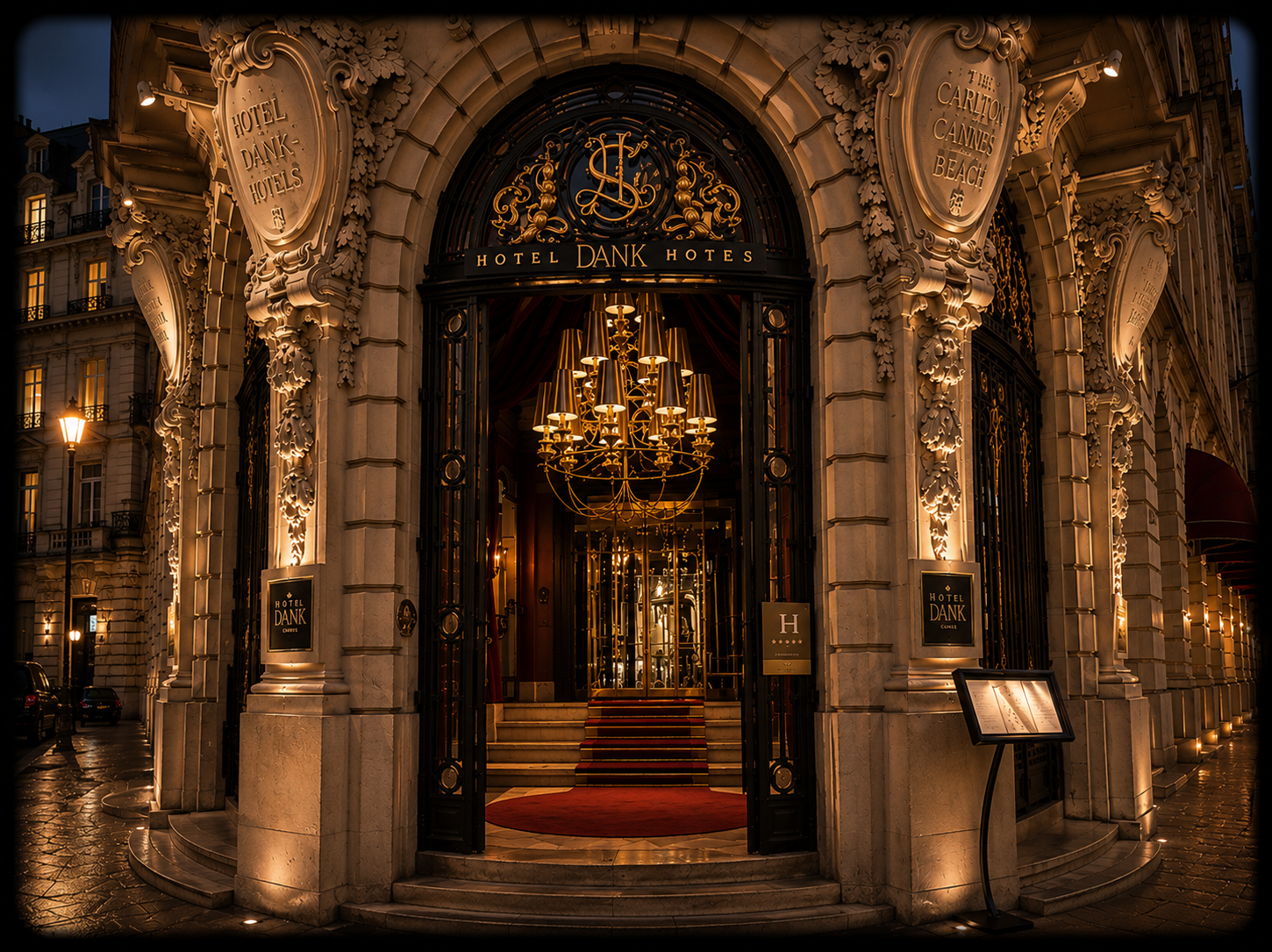 Façade ornée et lumineuse d'un hôtel élégant avec un chandelier doré à l'entrée, écriteaux indiquant 'Hotel Dank Hotels' et 'The Carlton Cannes Beach'.