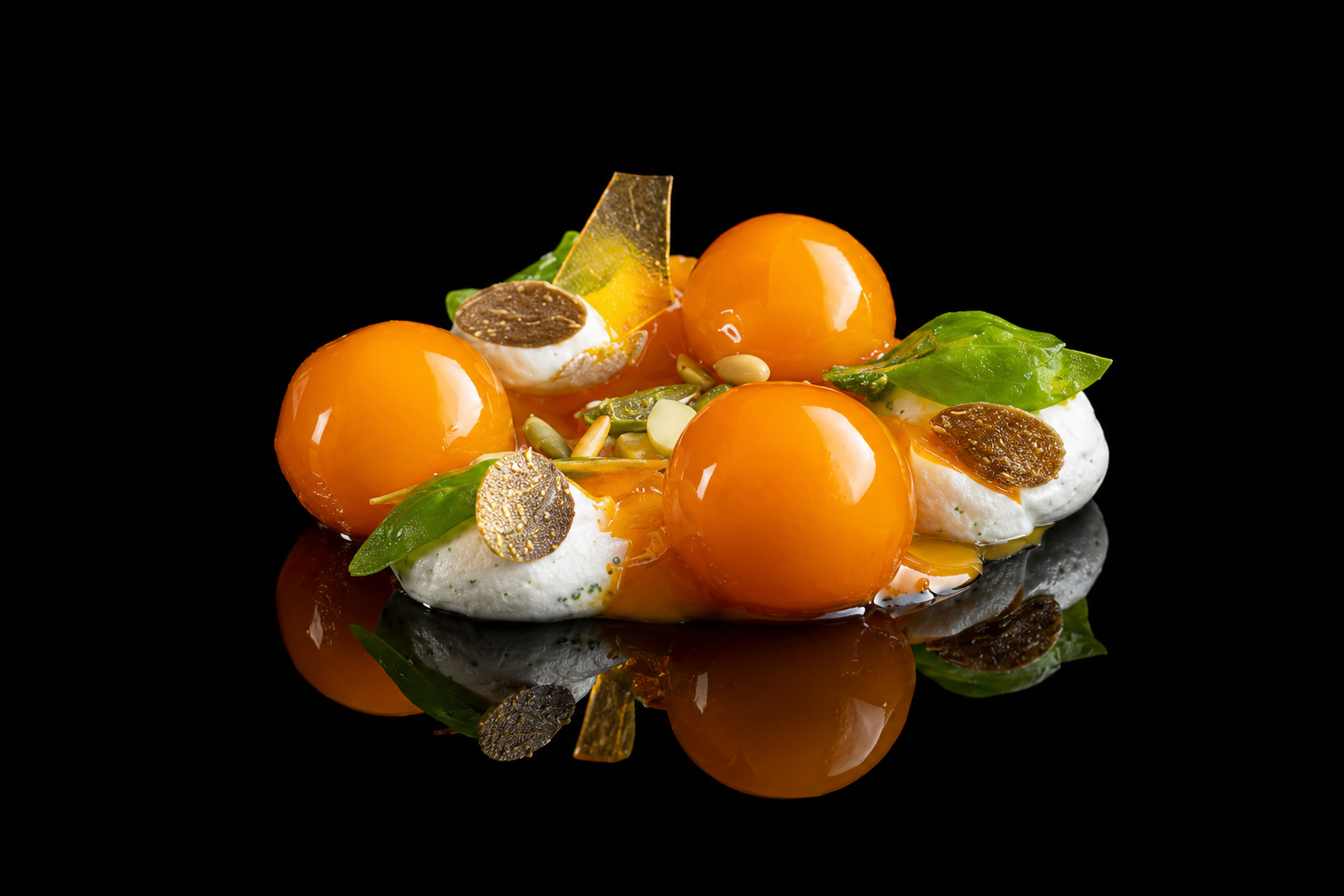 Assiette de plats modernes avec des œufs de caille, basilic, graines, et décoration sèche sur fond noir.