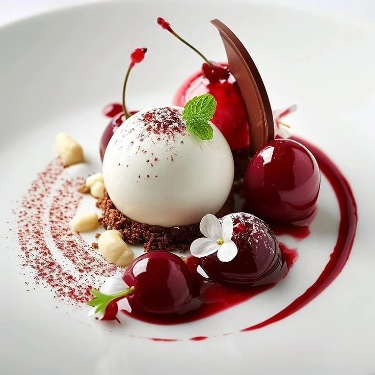Assiette de dessert avec une boule de glace ou mousse blanche garnie d'une feuille de menthe, cerises rouges en sirop, chocolat, petites fleurs blanches, et poudre rouge parfumée, décorée avec différentes textures et couleurs.