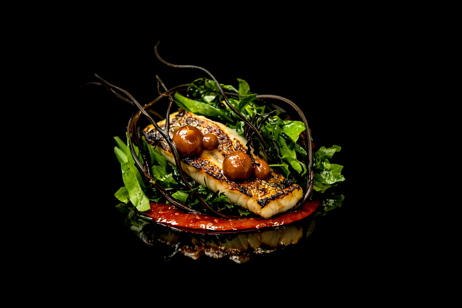 Filet de poisson grillé avec des champignons et des feuilles de salade, présenté sur une assiette rouge, avec une décoration de salsifis noirs, sur fond noir