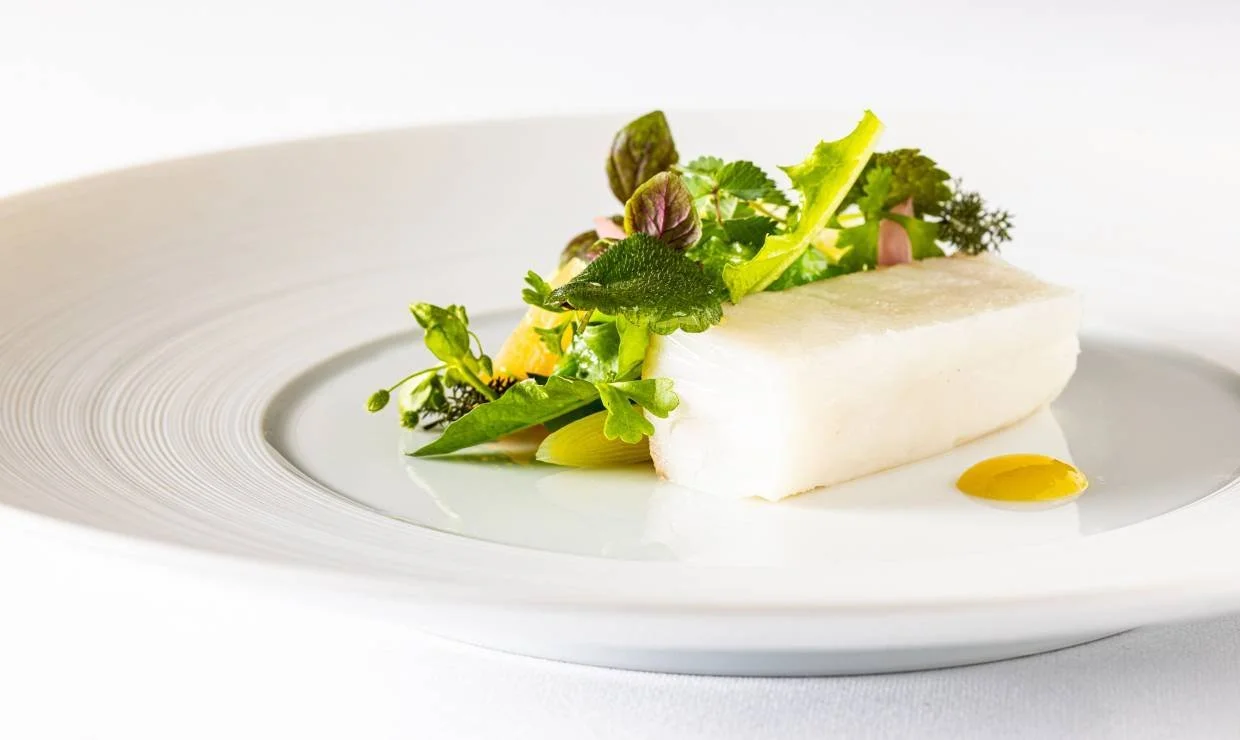 Assiette avec un morceau de fromage blanc, garni de légumes et de feuilles vertes, avec une petite touche de jaune, probablement de la sauce ou de l'œuf.