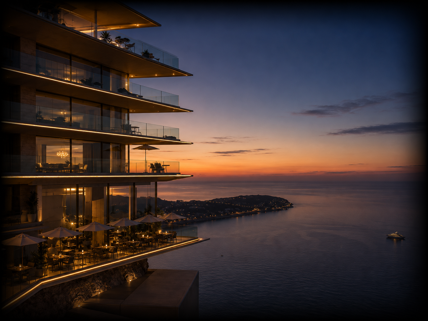 Un bâtiment moderne avec plusieurs étages, de grandes fenêtres et des balcons en verre, surplombant la mer au coucher du soleil