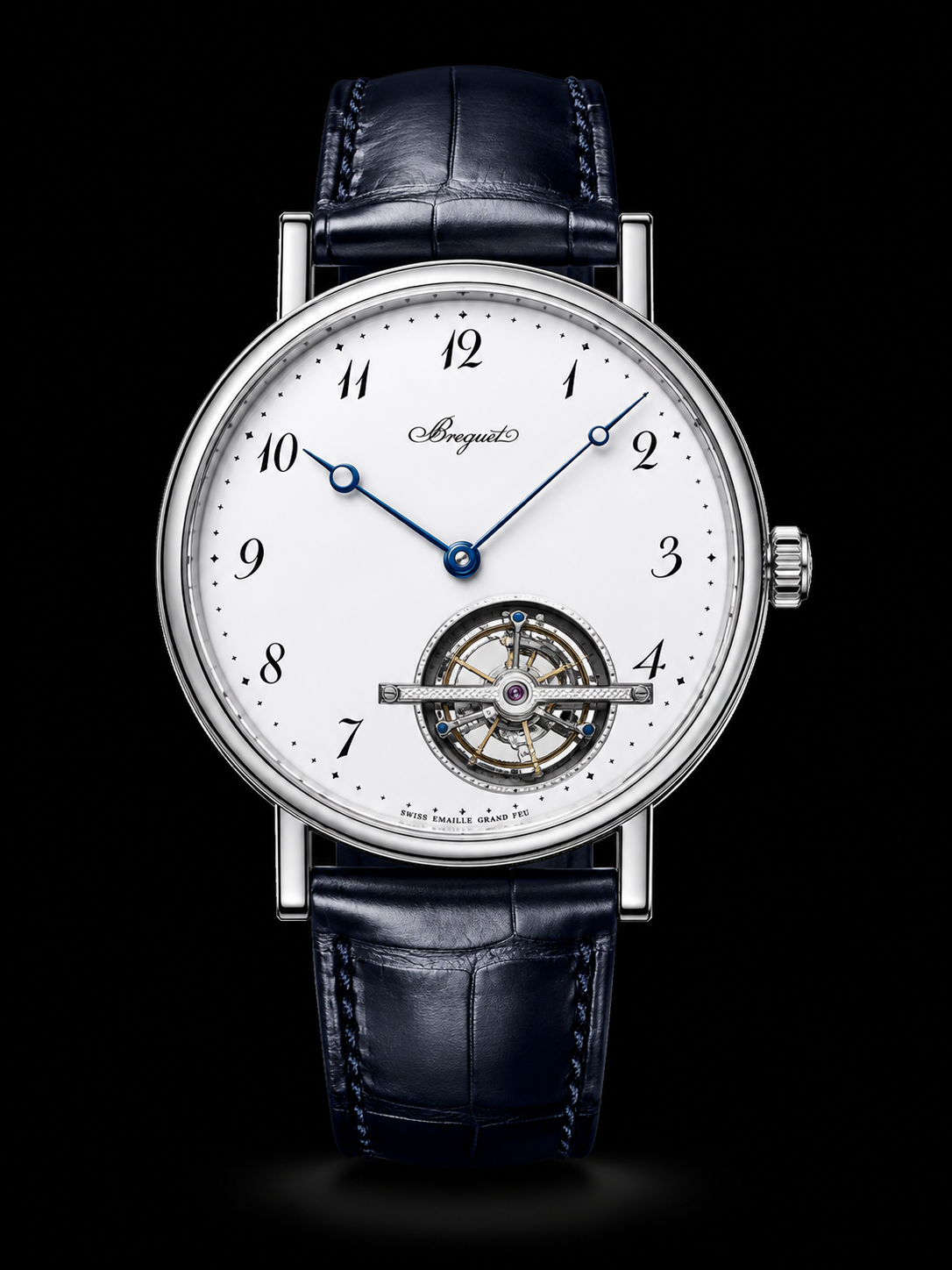 Montre élégante avec un cadran blanc, chiffres arabes et un mécanisme de tourbillon visible en bas. Bracelet en cuir noir.