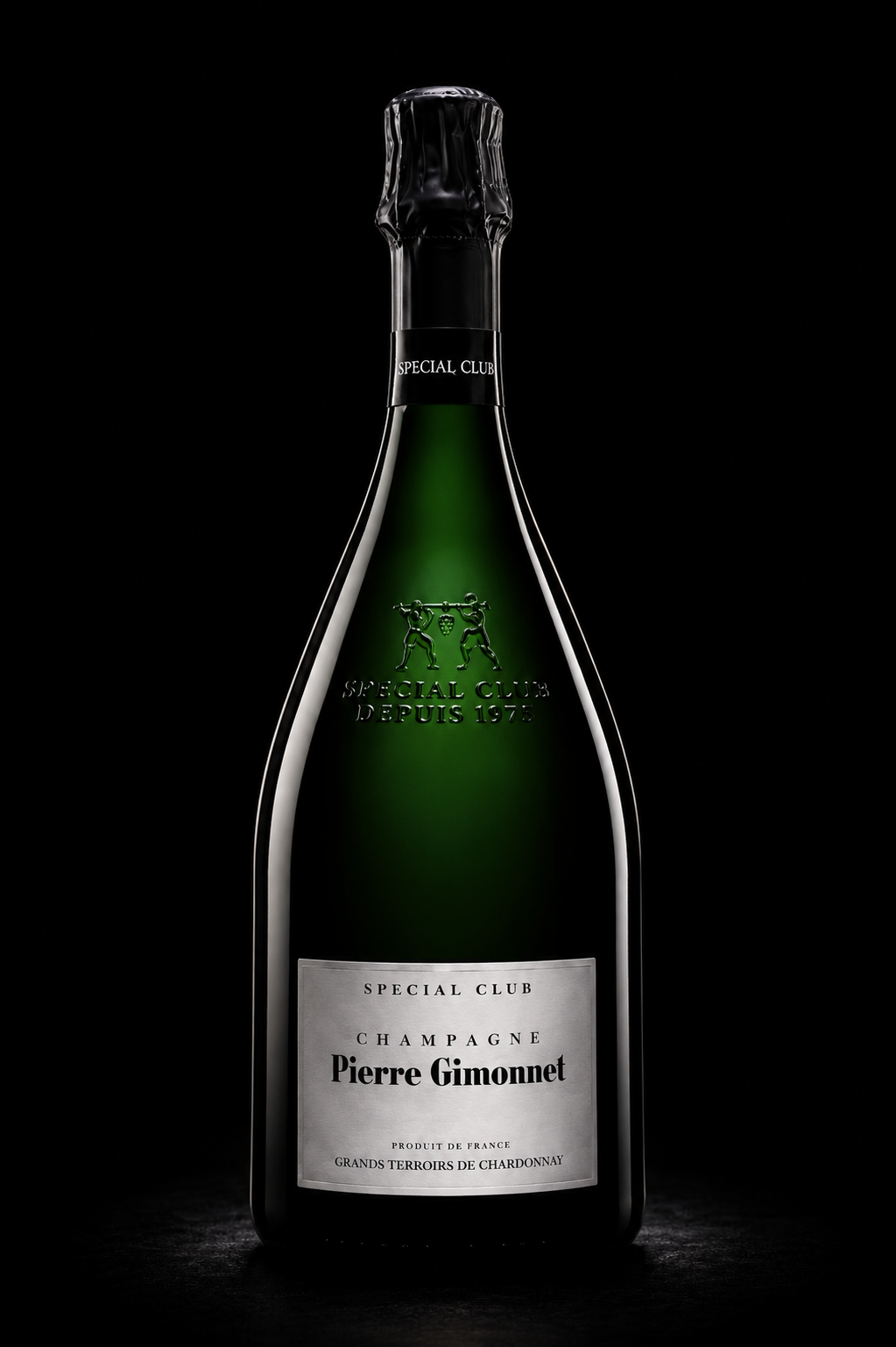 Bouteille de champagne Pierre Gimonnet, de marque Special Club, fabriquée en France, de la région des grands terroirs de Chardonnay.