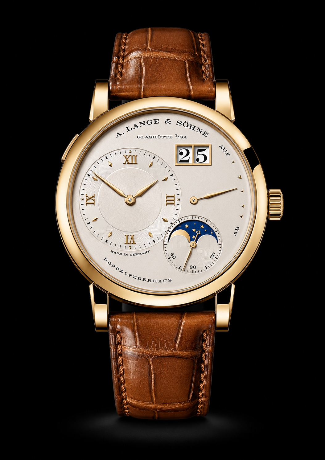 Montre en or avec bracelet en cuir marron, display d'heure classique, calendrier à grande date, phase de lune
