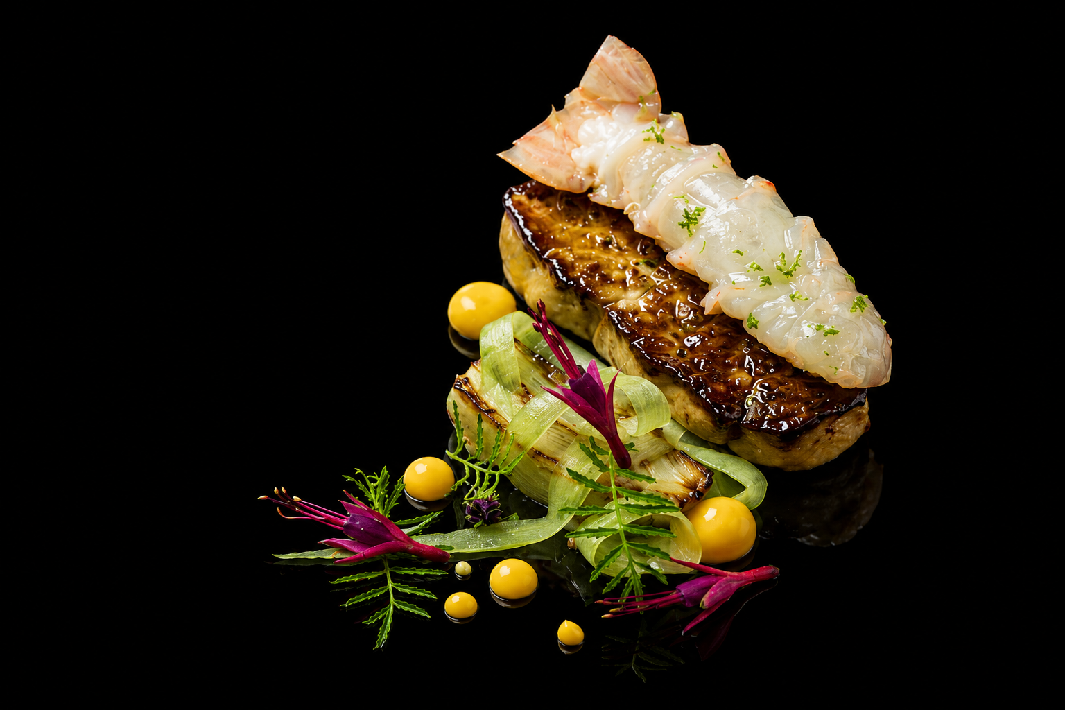 Poisson grillé avec garniture de légumes, crevettes et sauce, décoré de fleurs comestibles et de petites boules jaunes, sur un fond noir.