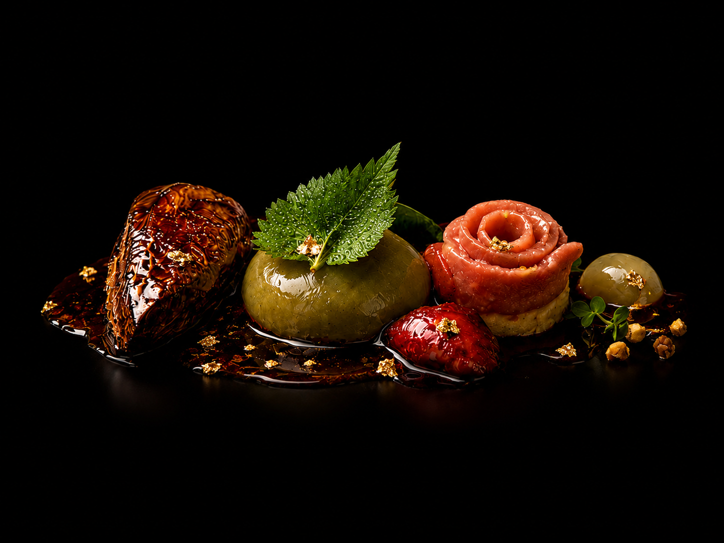Plats de cuisine moderne présenté sur une assiette noire avec des légumes, des herbes, de l'huile, et des fleurs comestibles.