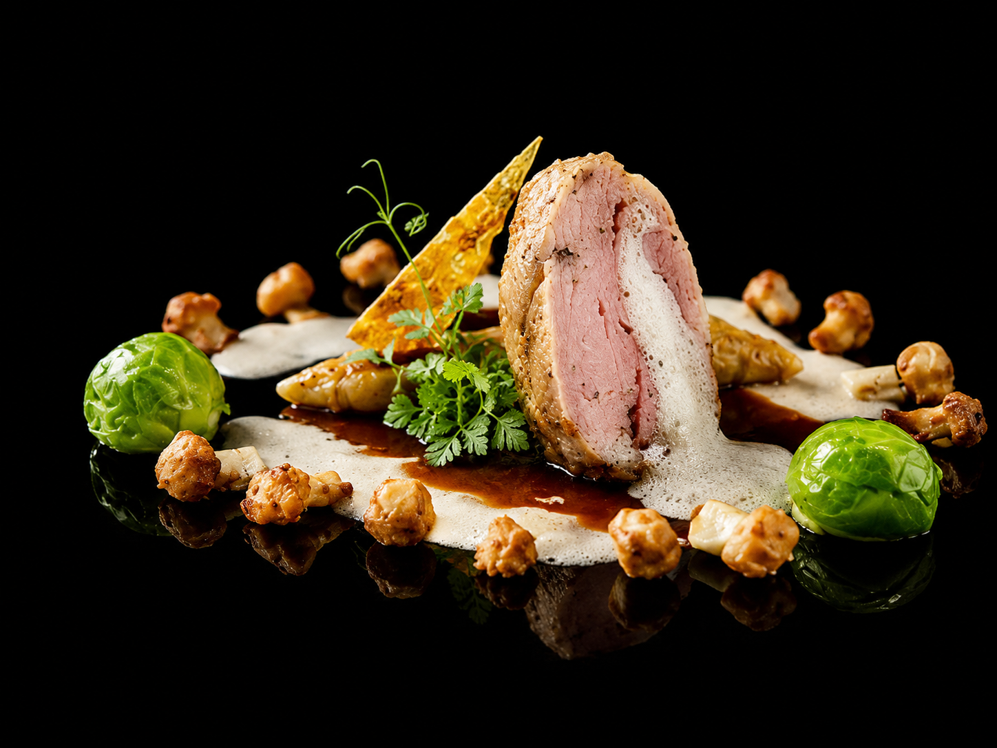 Assiette gastronomique avec viande enrobée de pâte, accompagnée de légumes verts, de mousse blanche, de sauces, et de garnitures.