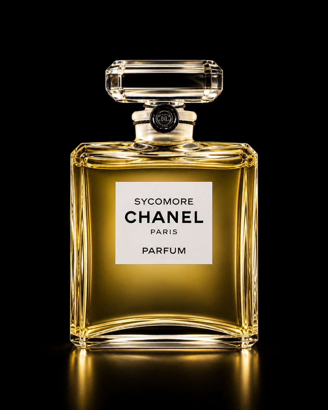 Flacon de parfum Chanel Sycomore avec étiquette blanche sur fond noir.