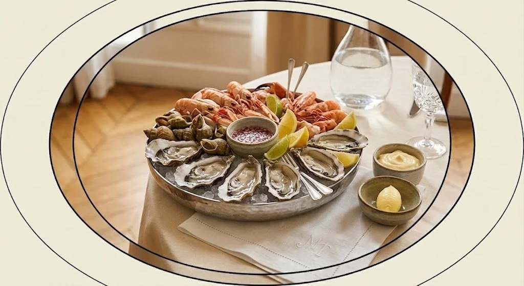 Plate de fruits de mer avec huîtres, crevettes, moules, citron, sauce et boissons à côté.