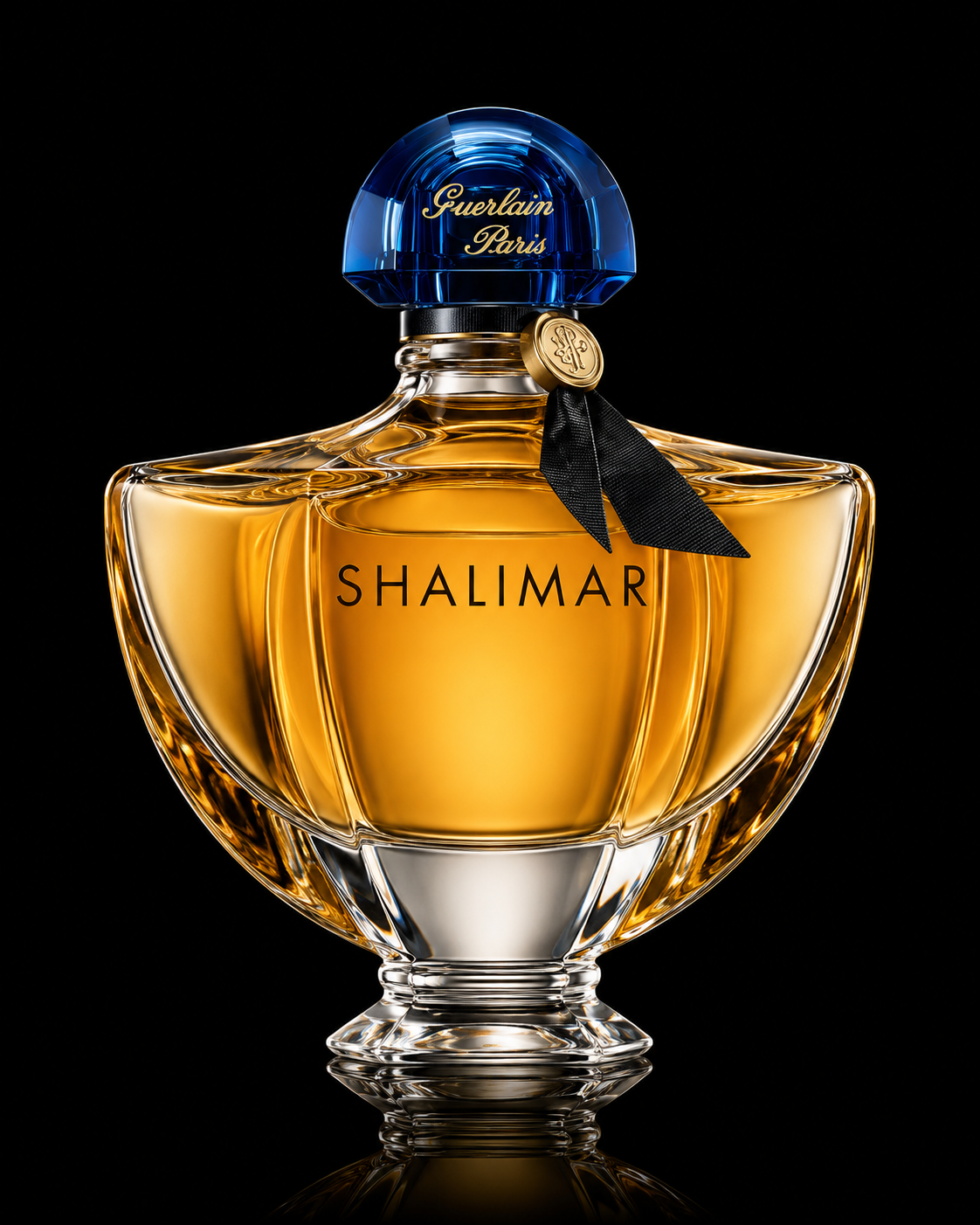 Une bouteille de parfum Shalimar par Guerlain, avec un flacon en verre orné d'un ruban noir et d'une capsule bleue, sur fond noir.