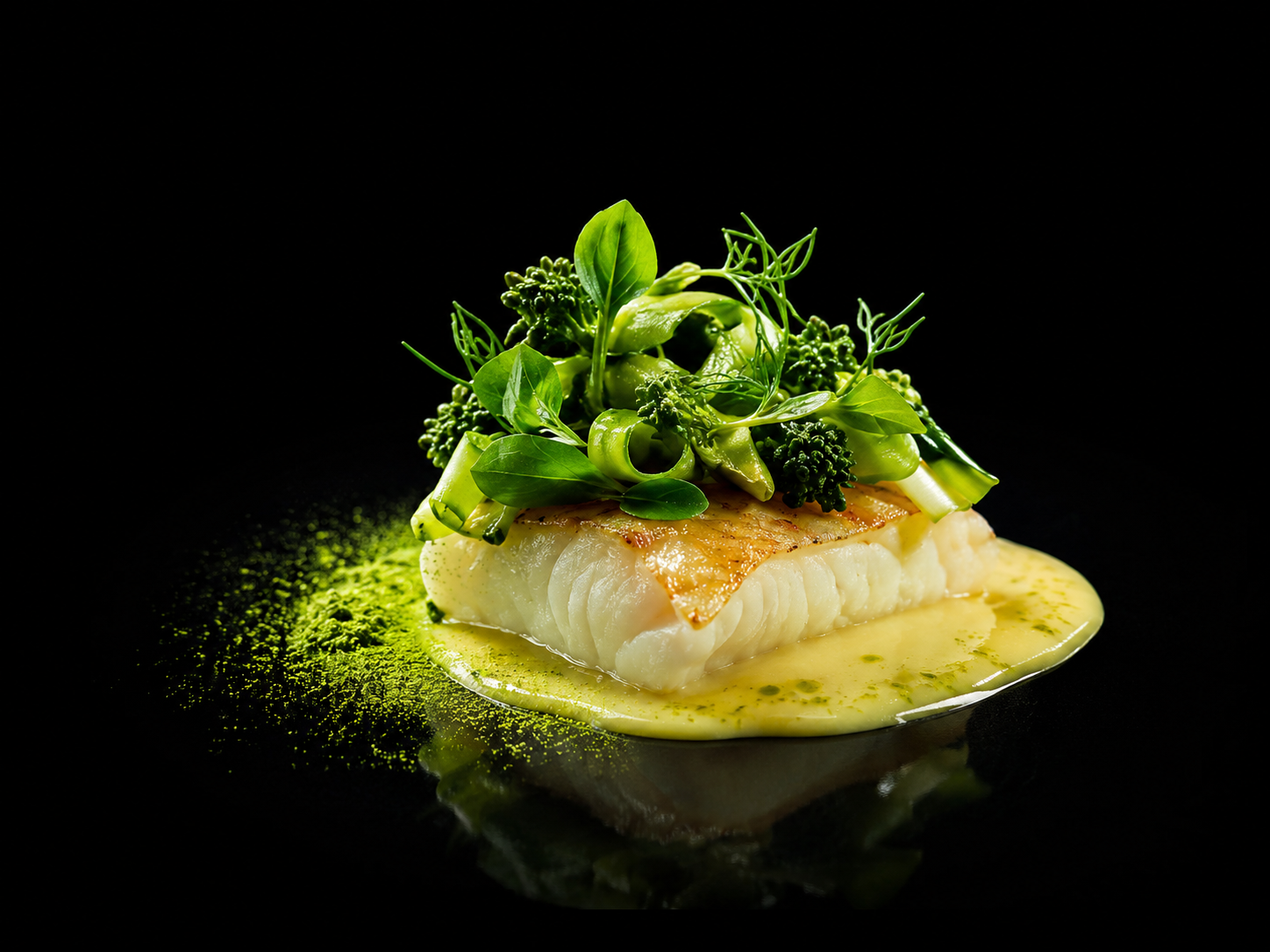 Filet de poisson blanc poêlé, garni de légumes verts et herbes aromatiques, avec une sauce jaune à la base sur fond noir.