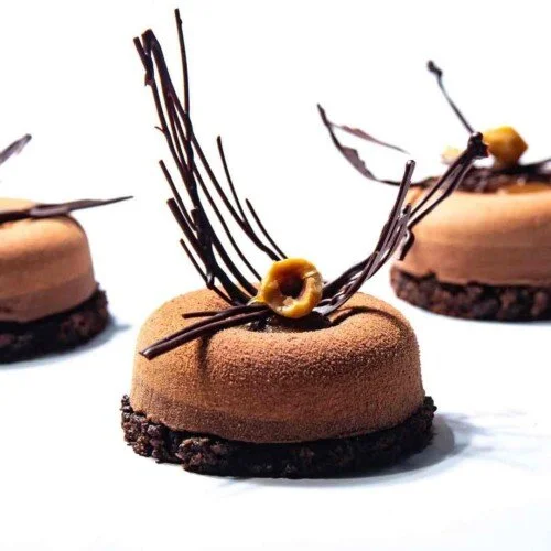 Desserts au chocolat avec décoration en chocolat et fruits secs
