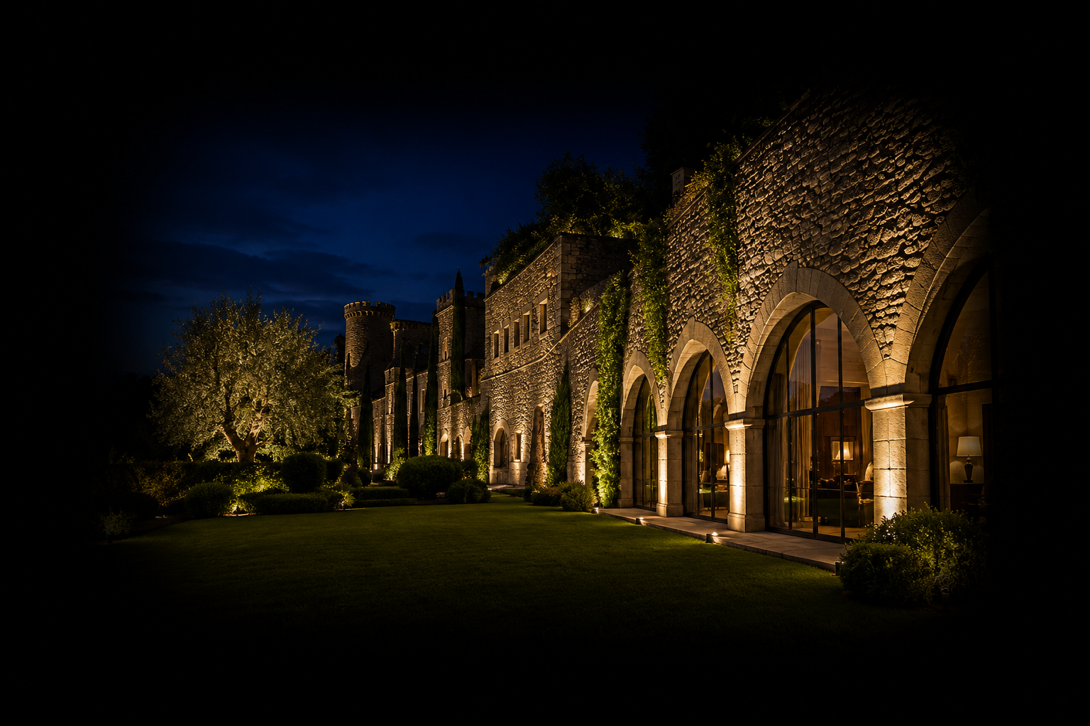 Château éclairé de nuit avec un jardin bien entretenu