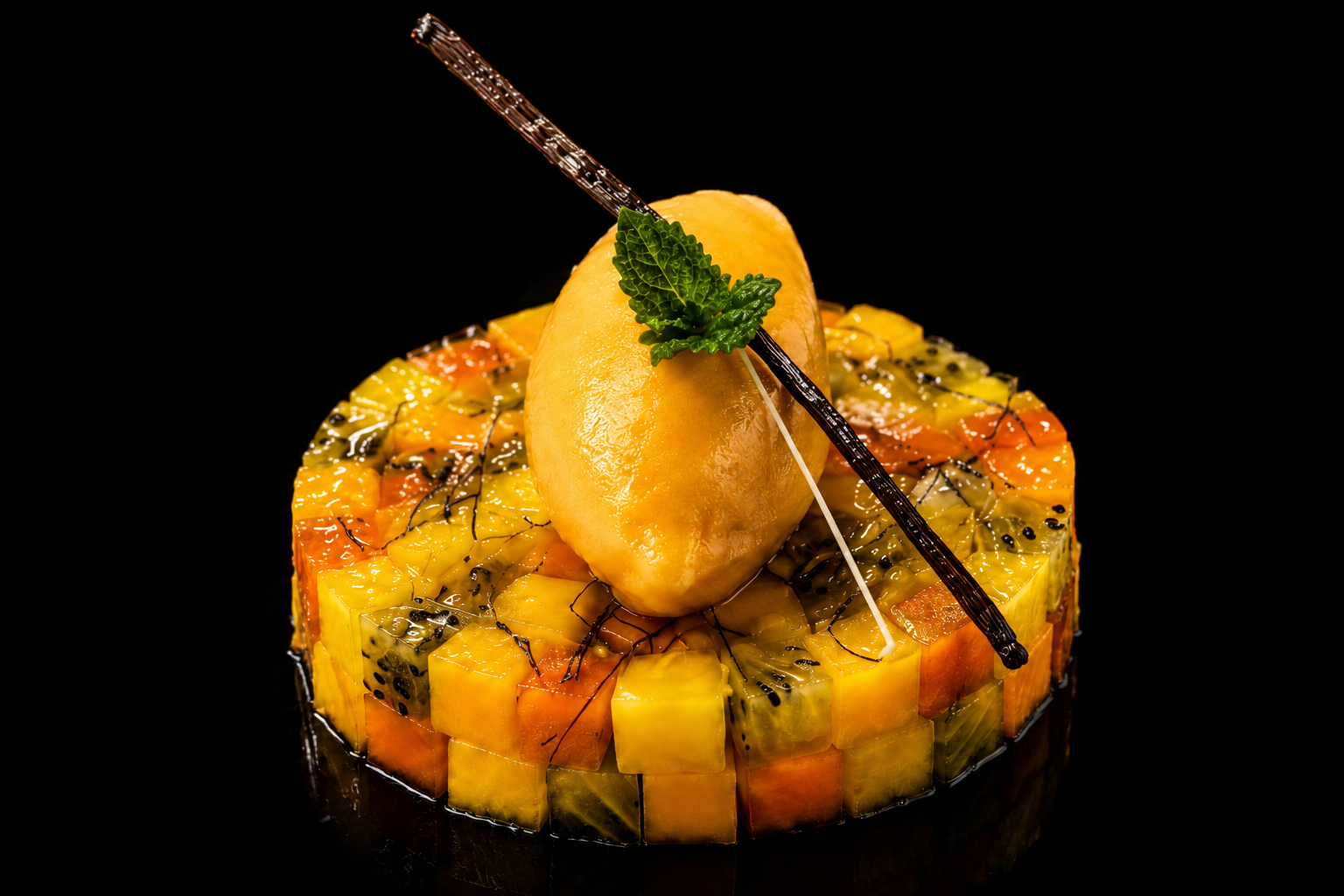 Gelée de fruits en forme de rond avec un morceau de poire, décorée d'une feuille de menthe et d'une fine branche de chocolat, sur un fond noir.