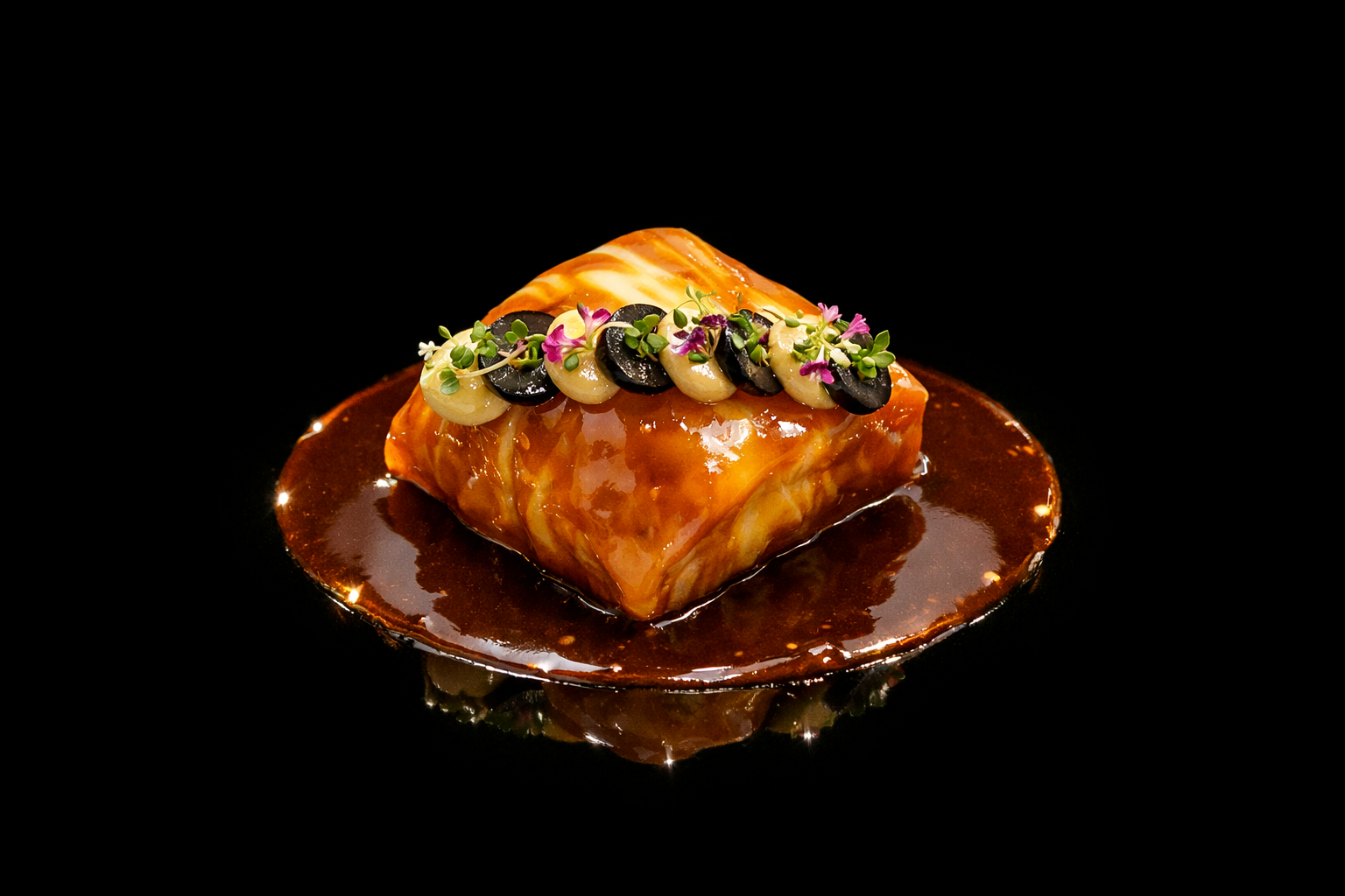 Un plat gourmet avec un cube de viande ou poisson recouvert de sauce, décoré de olives noires, olives vertes, microgreens et petites fleurs, sur une surface noire brillante.
