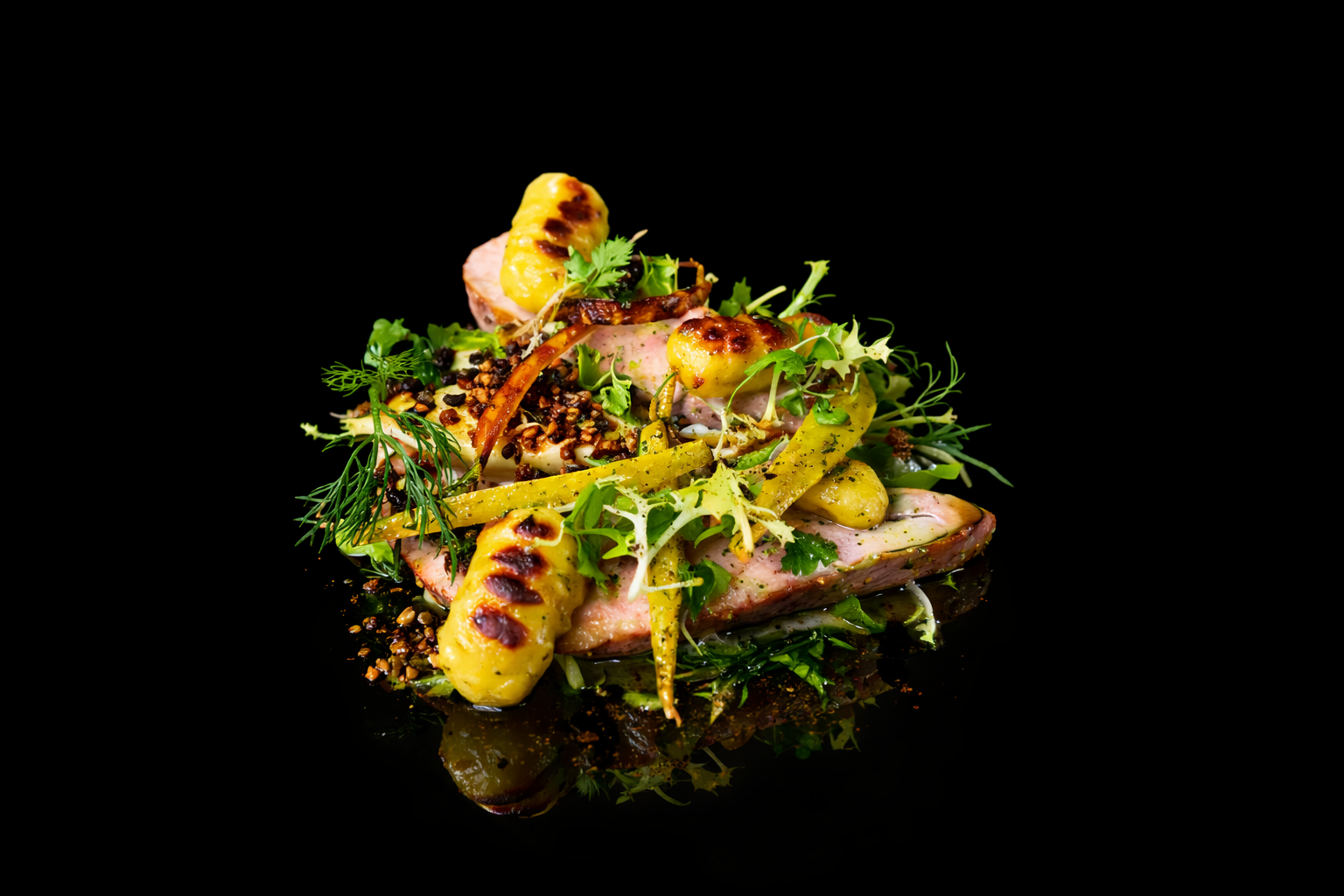 Assiette gastronomique avec viande, légumes, herbres et graines, mise en valeur sur un fond noir.