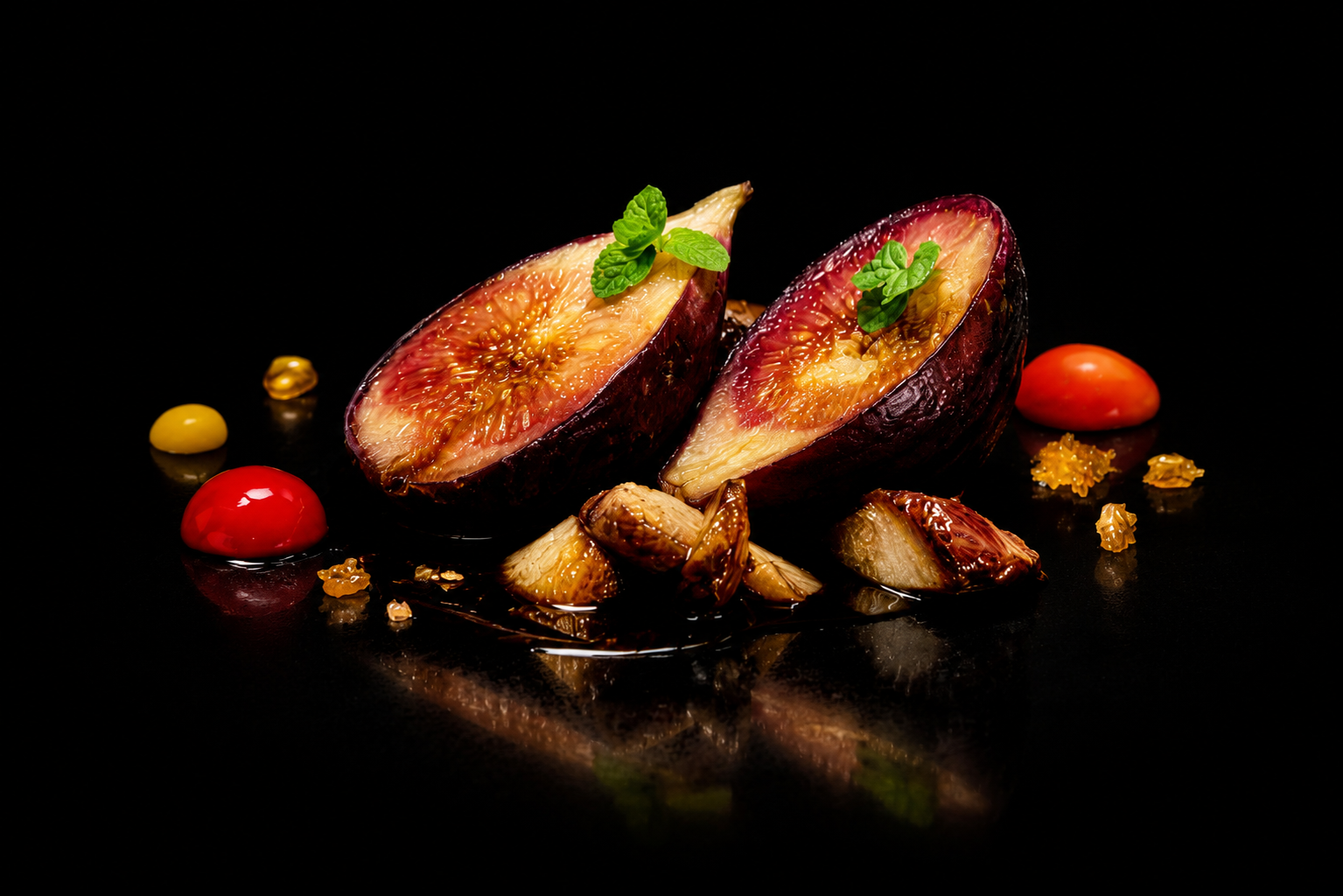 Figues coupées garnies de basilic avec des tomates, des champignons, et des éclats de caramel sur fond noir.