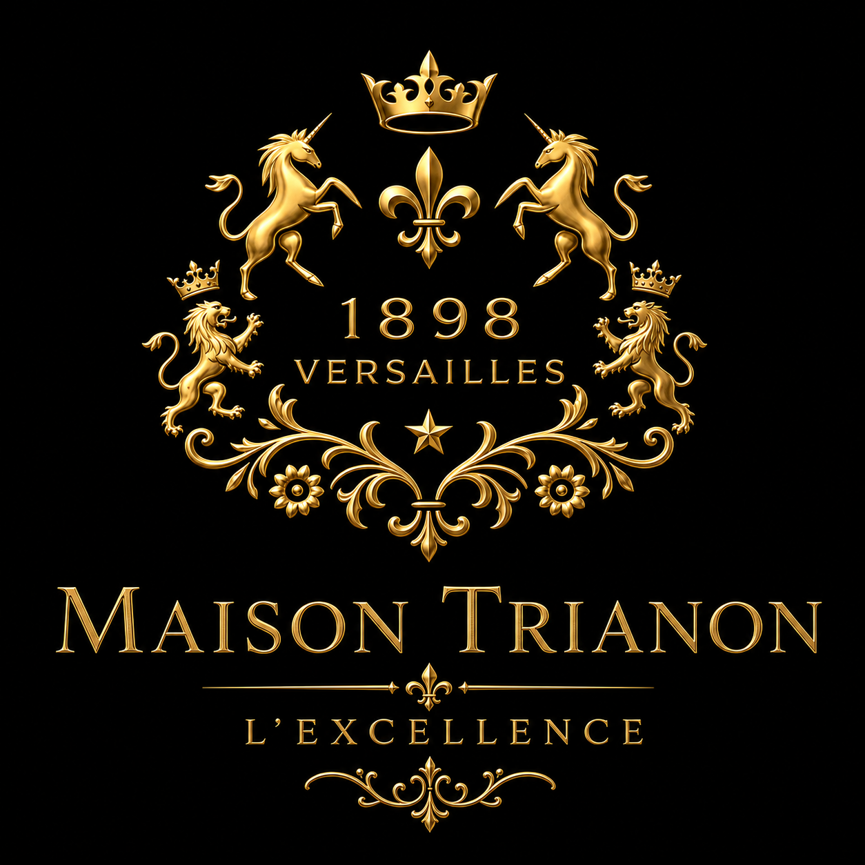 Logo or invitation avec éléments ornementaux, un couronne, deux licornes, deux lions, un lys de style ancien, et le texte '1898 Versailles Maison Trianon L'excellence' sur fond noir.