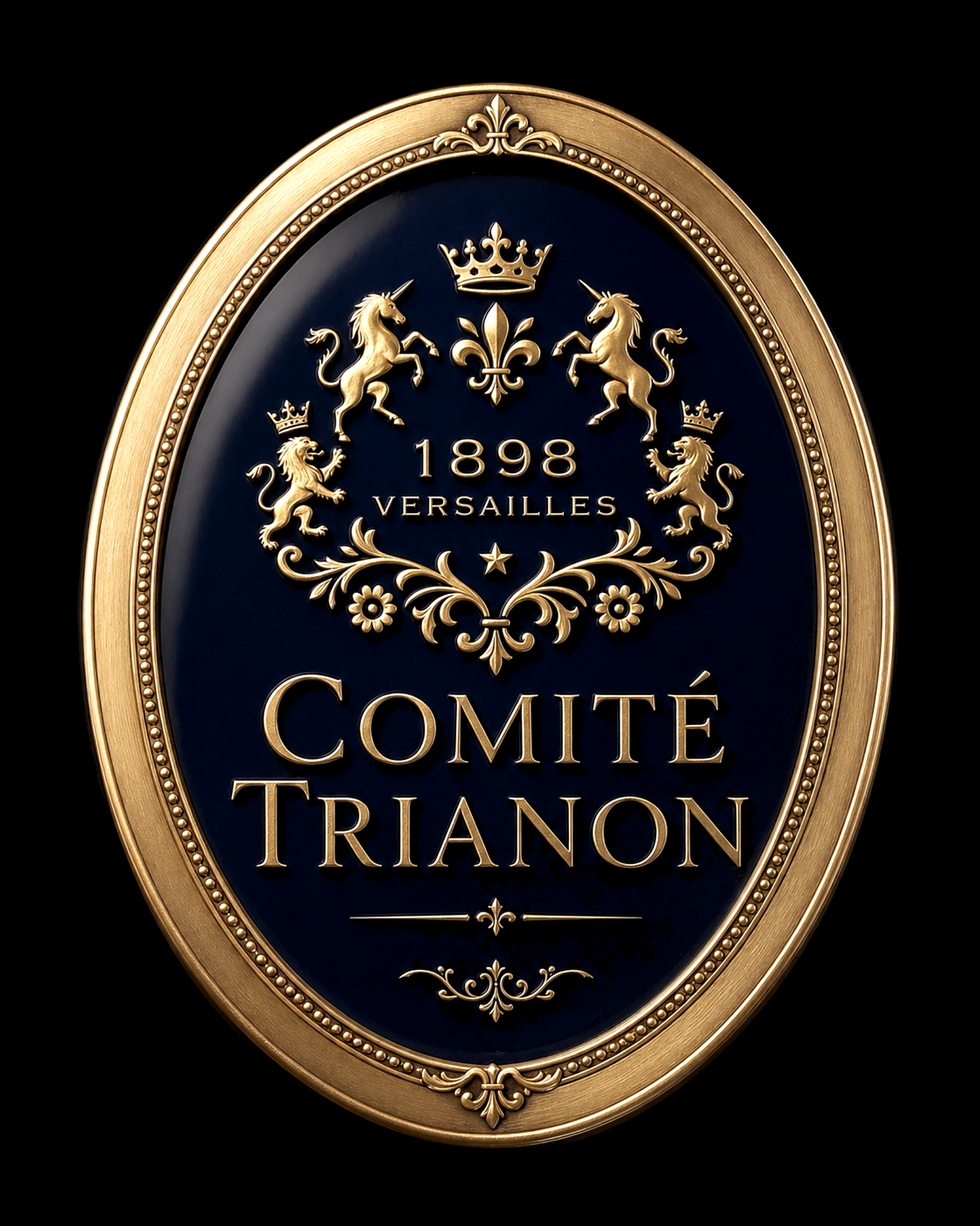 Un panneau de reconnaissance pour un comité à Tranon, avec une décoration ornementale, une couronne, deux lions et deux licornes, la date 1898, sur un fond bleu foncé.
