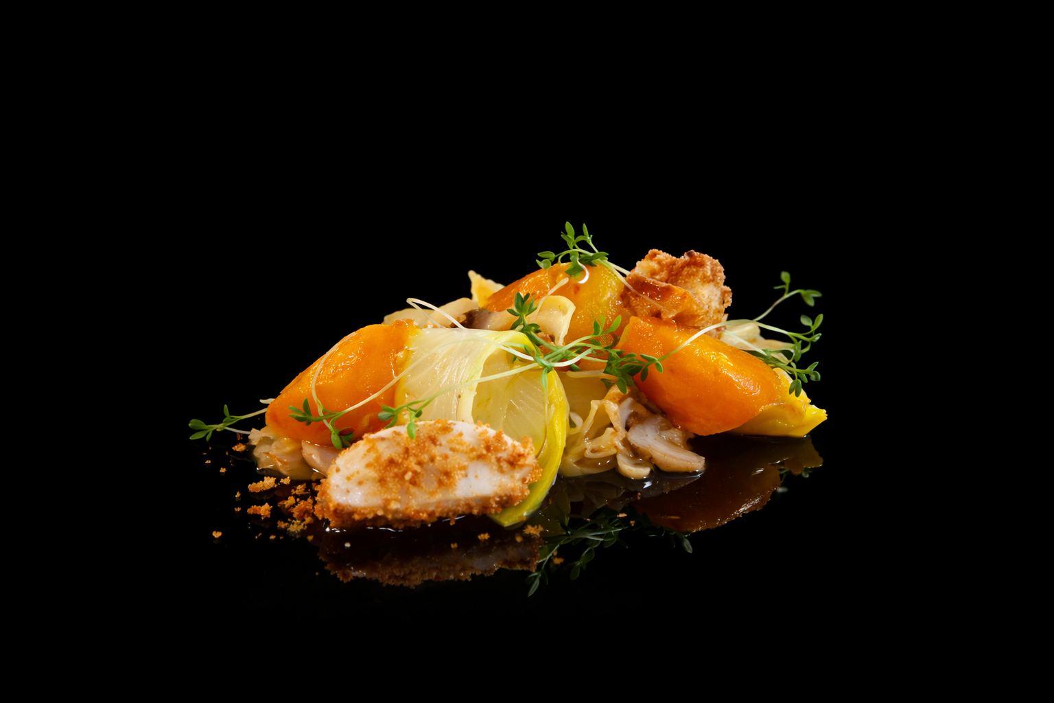 Assiette gastronomique avec légumes, morceaux de poulet, microgreens et sauce sur fond noir