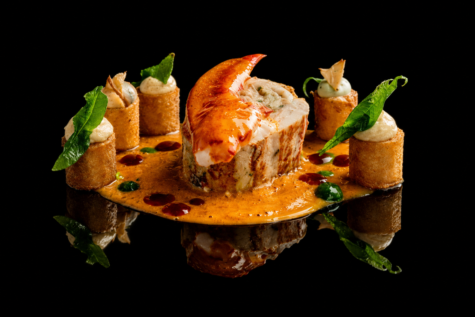 Un plat gastronomique composé d'un gros morceau de poisson avec une sauce, entouré de plusieurs cylindres croustillants garnis de crème et de feuilles vertes, décoré avec des gouttes de sauce et servi sur une surface noire réfléchissante.