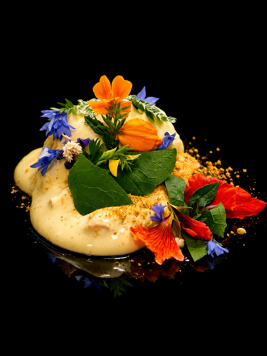 Un plat gastronomique décoré avec des fleurs comestibles colorées, crème ou mousse blanche, sur un fond noir.