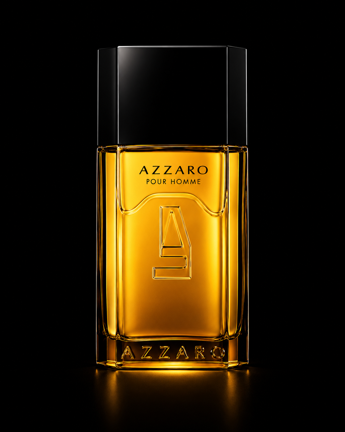 Flacon de parfum jaune avec un capuchon noir, portant l'inscription 'Azzaro Pour Homme' et le logo Azzaro sur le devant, sur fond noir.
