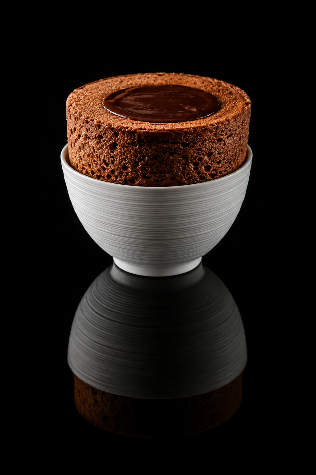 Gâteau au chocolat dans un bol blanc, miroir noir