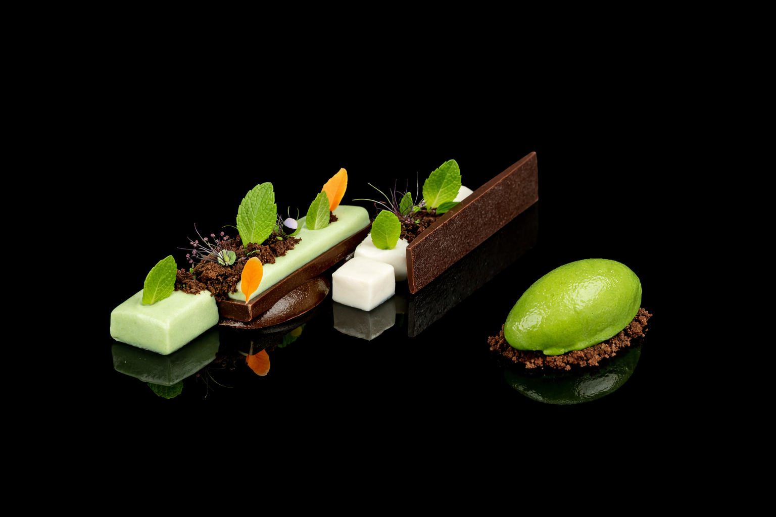 Assortiment de desserts modernes sur un fond noir, comprenant plusieurs textures et couleurs, avec des éléments décoratifs en menthe, chocolat et autres garnitures végétales.