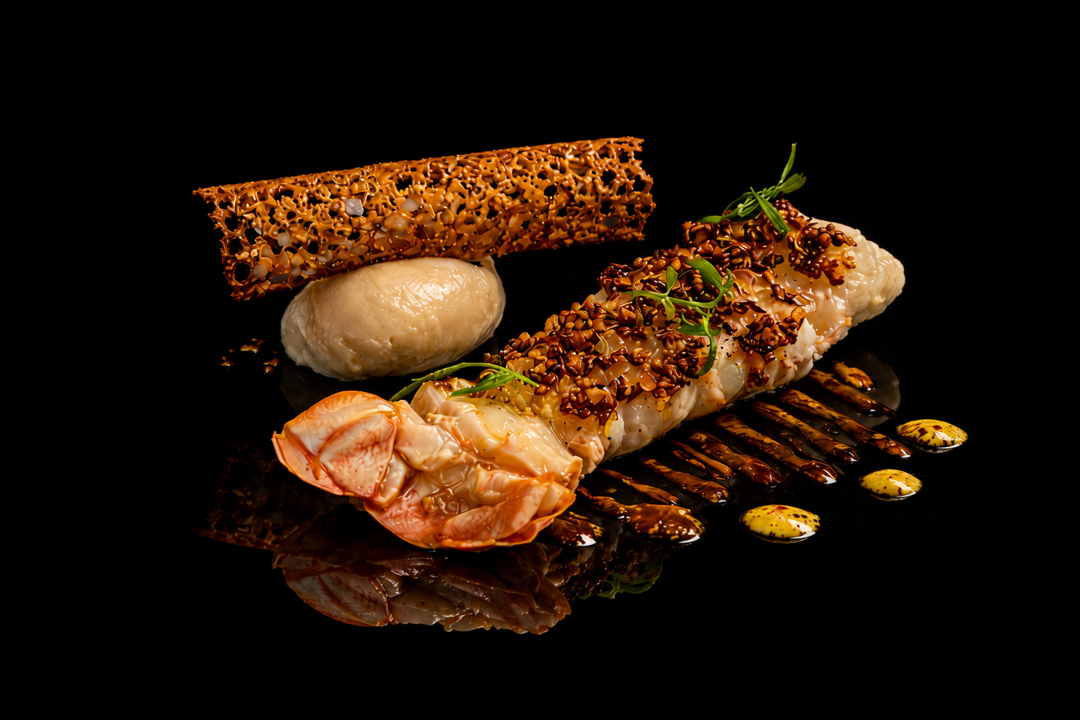 Assiette de sushi avec crevettes, garnitures croustillantes, sauce et microgreens sur fond noir