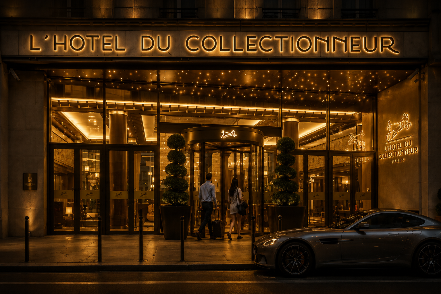 Façade éclairée de l'hôtel du Collectionneur à Paris avec deux personnes entrant, une voiture en stationnement devant, éclairage chaud et décoration raffinée
