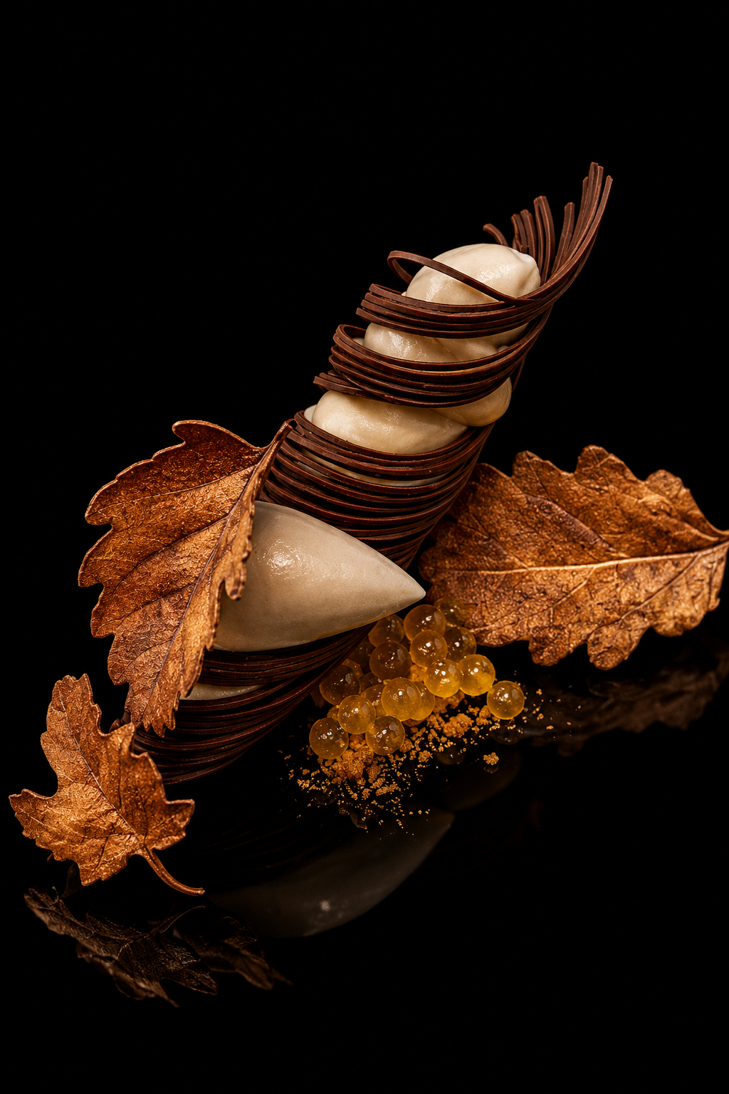 Une sculpture artistique composée de feuilles d'automne, de billes dorées, d'une forme en pierre blanche, de rubans de chocolat et de composants en chocolat blancs et bruns, le tout sur un fond noir.