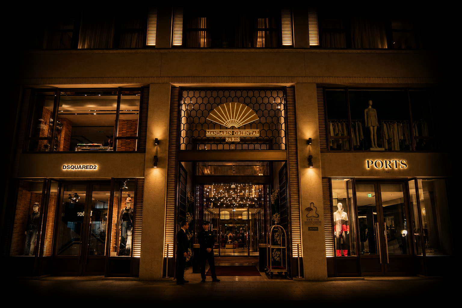 Façade d'un hôtel ou centre commercial luxueux à Paris, avec des enseignes lumineuses de marques comme DSQUARED2, PORTS, et un signe pour Mandarin Oriental, entrée élégante avec des personnes en uniformes parlant devant.