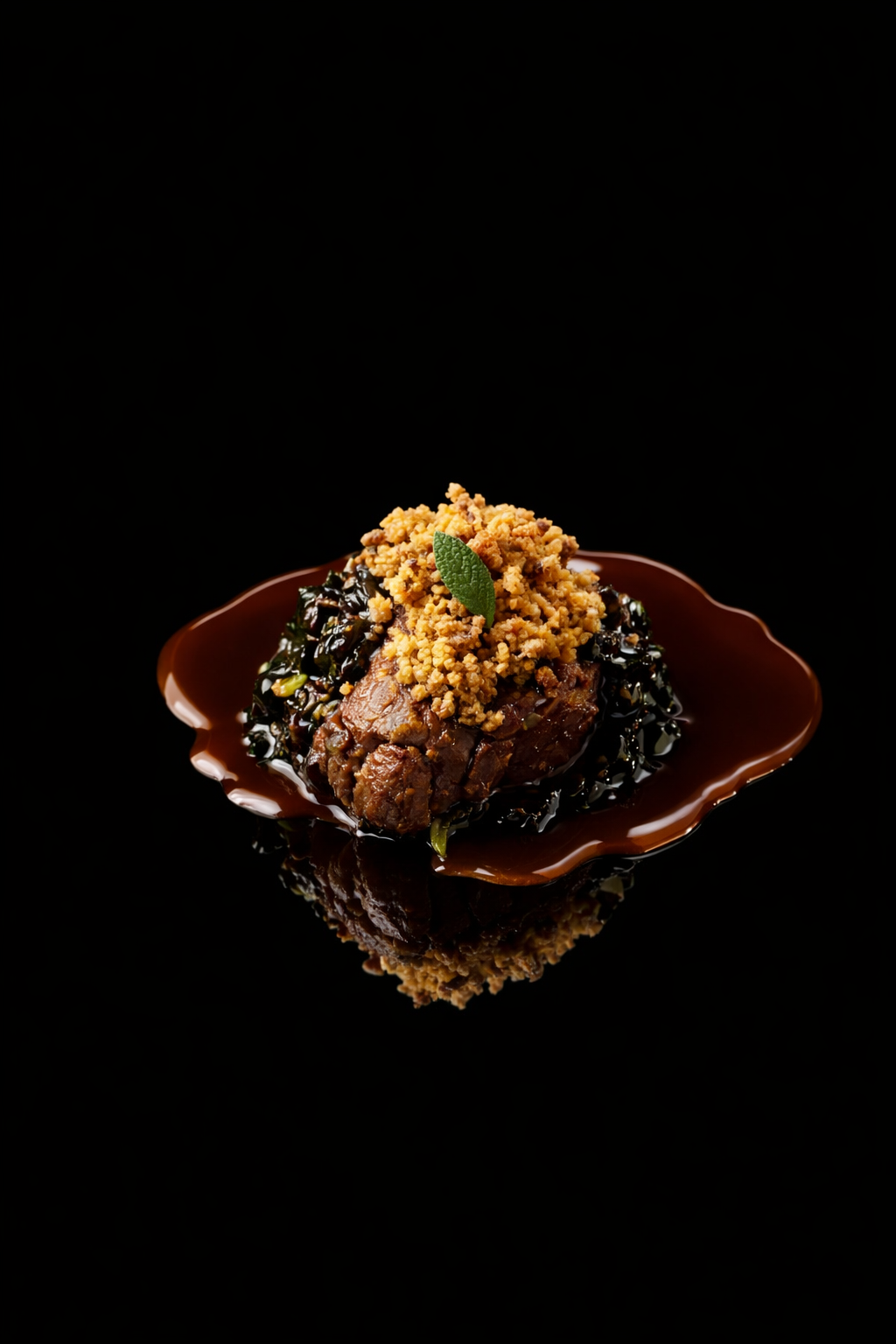 Plat gastronomique avec une pièce de viande, une garniture d'algues noires, un crumble doré, une feuille de menthe, présenté sur une assiette brune en forme de fleur, contre un fond noir.