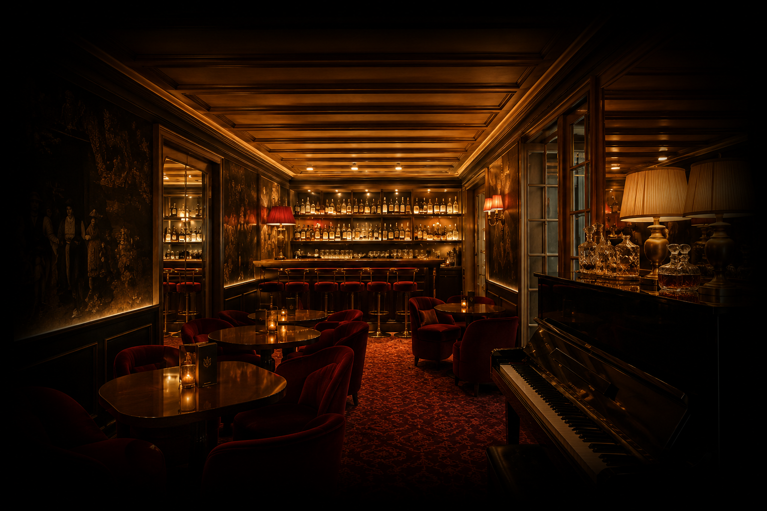 Un intérieur de bar élégant et cosy avec des lampes, un piano, des tables rondes avec des bougies, et un décor en bois chaleureux.