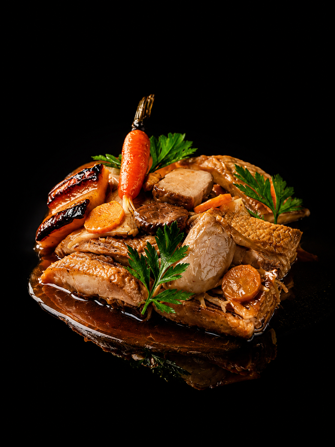 Assiette de viande, légumes et herbes aromatiques sur un fond noir.