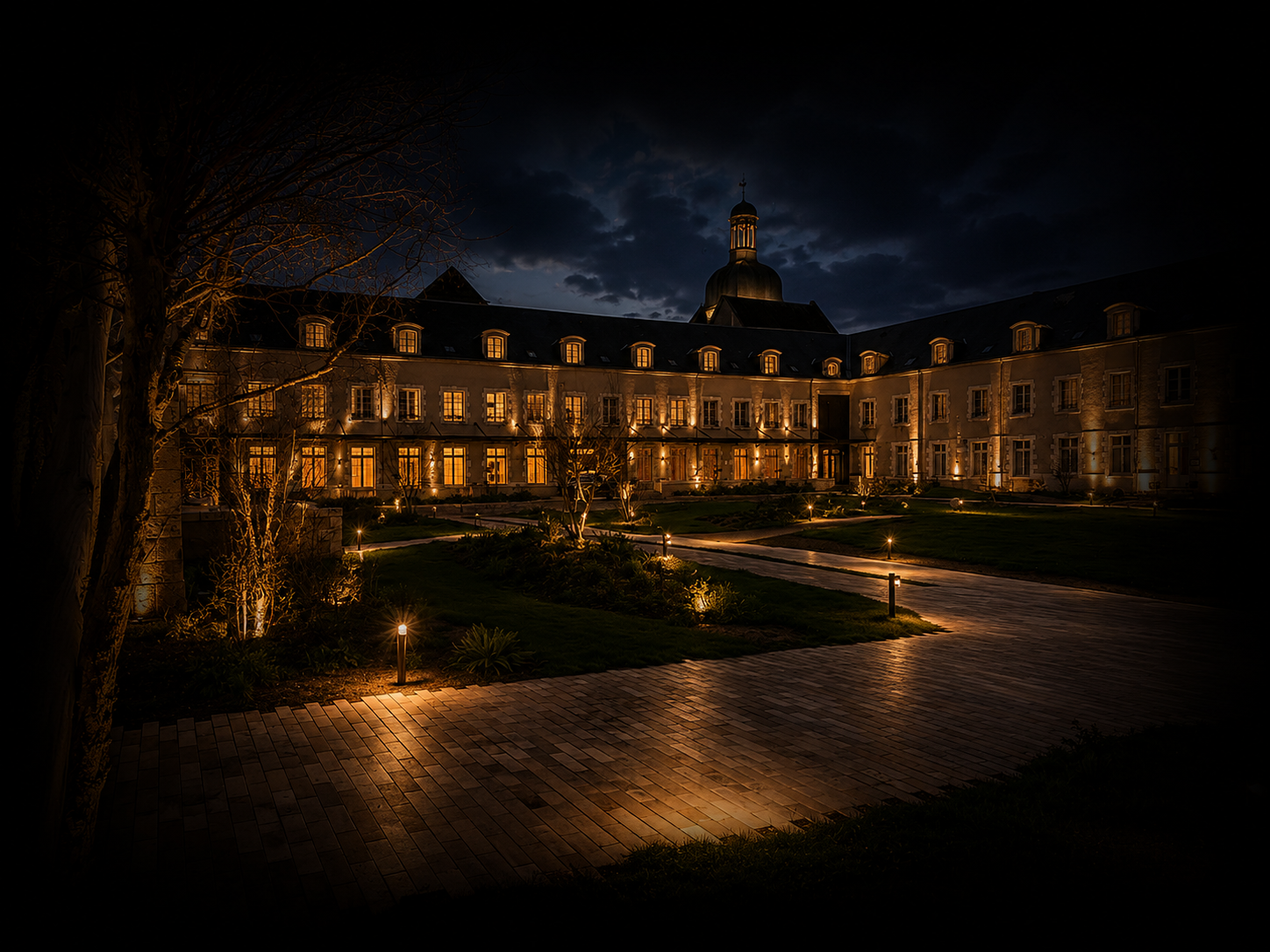 Un bâtiment historique éclairé la nuit, avec des fenêtres illuminées, un ciel nuageux et un jardin bien aménagé avec chemins et éclairages au sol.