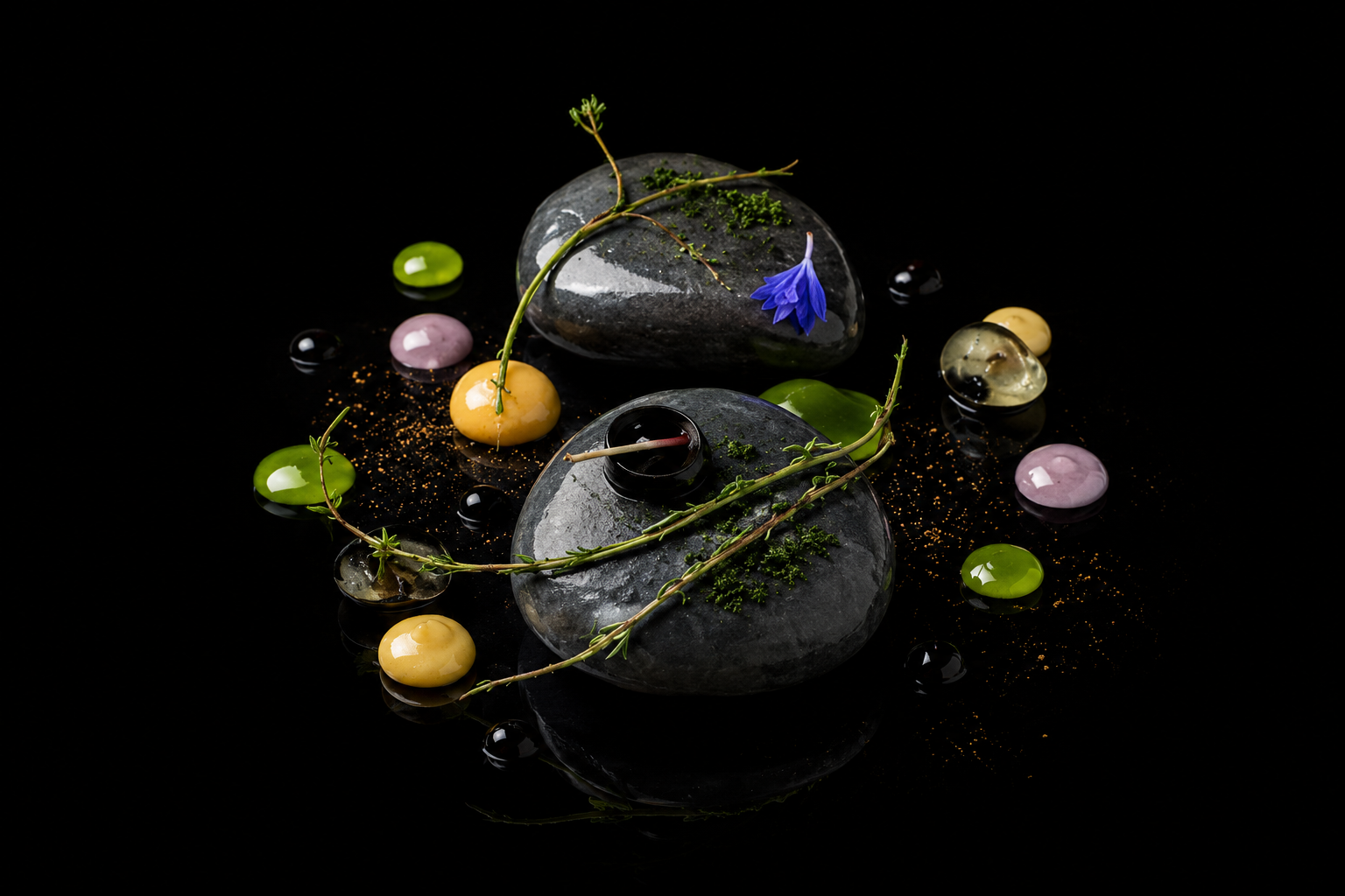 Un arrangement artistique avec des pierres lisses, des herbes, des fleurs bleues, et des capsules colorées sur un fond noir élégant.