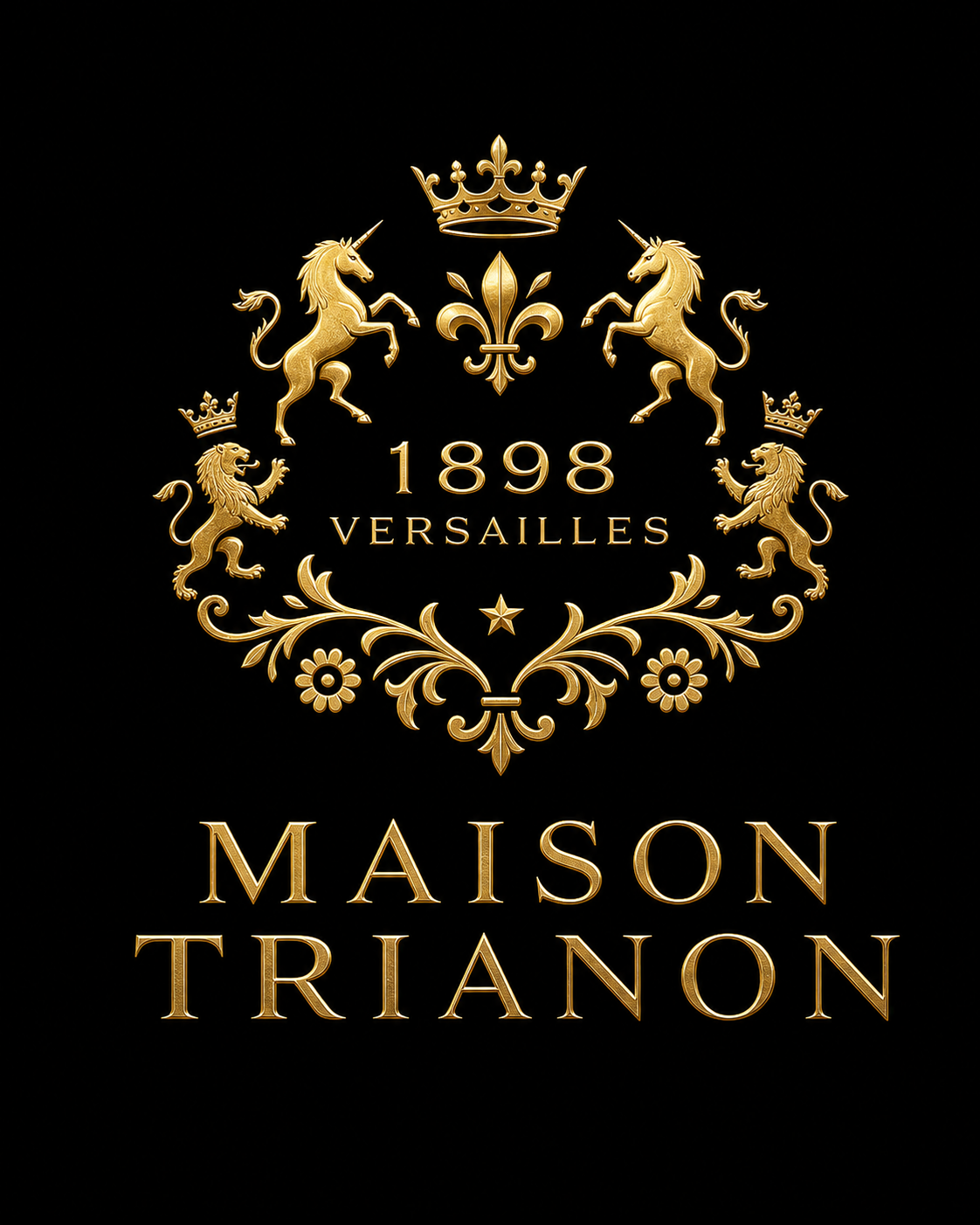 Logo or symbole ornemental en or avec des lions, une couronne, une fleur de lys, et la date 1898, indiquant une adresse ou une marque de luxe, avec le texte 'Maison Trianon' en bas.
